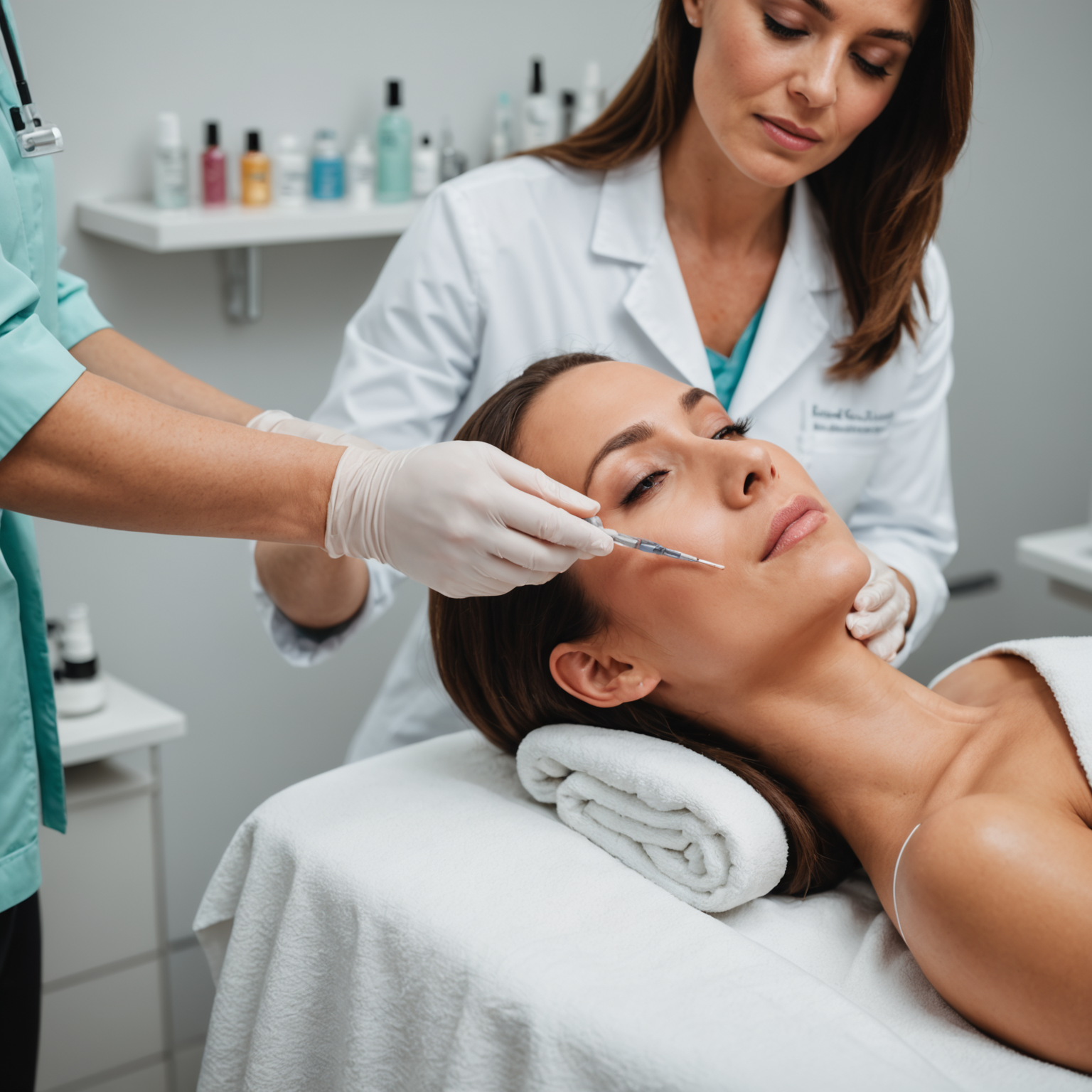 Image of a cosmetic treatment room with an esthetician's hands preparing Botox injections, showcasing a clean and professional environment.