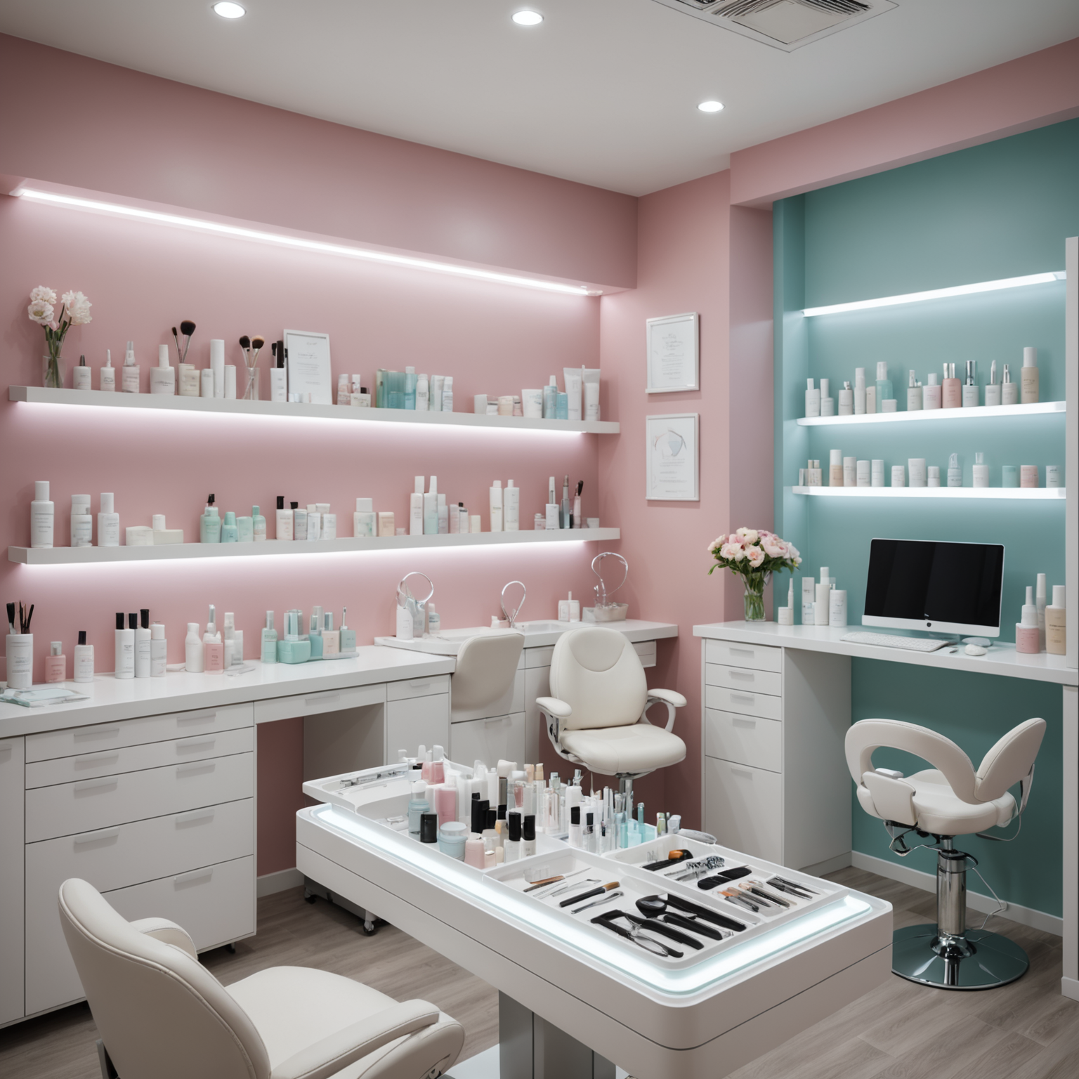 A well-lit cosmetic clinic treatment room with an esthetician's hands preparing sterile tools on a tray.