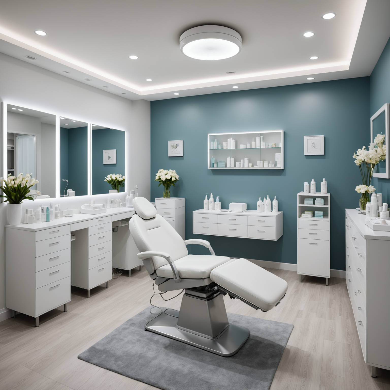 A serene cosmetic clinic treatment room, featuring aesthetician tools and skincare products neatly arranged