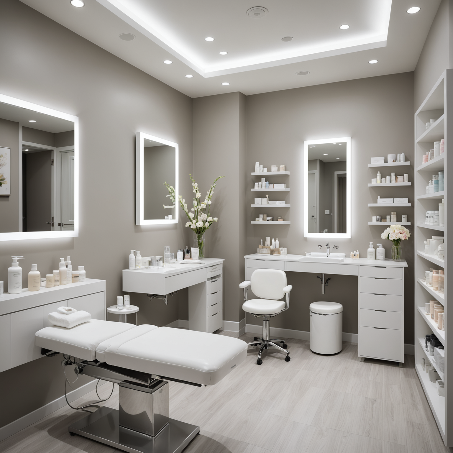 A serene treatment room with aesthetician tools and skincare products.