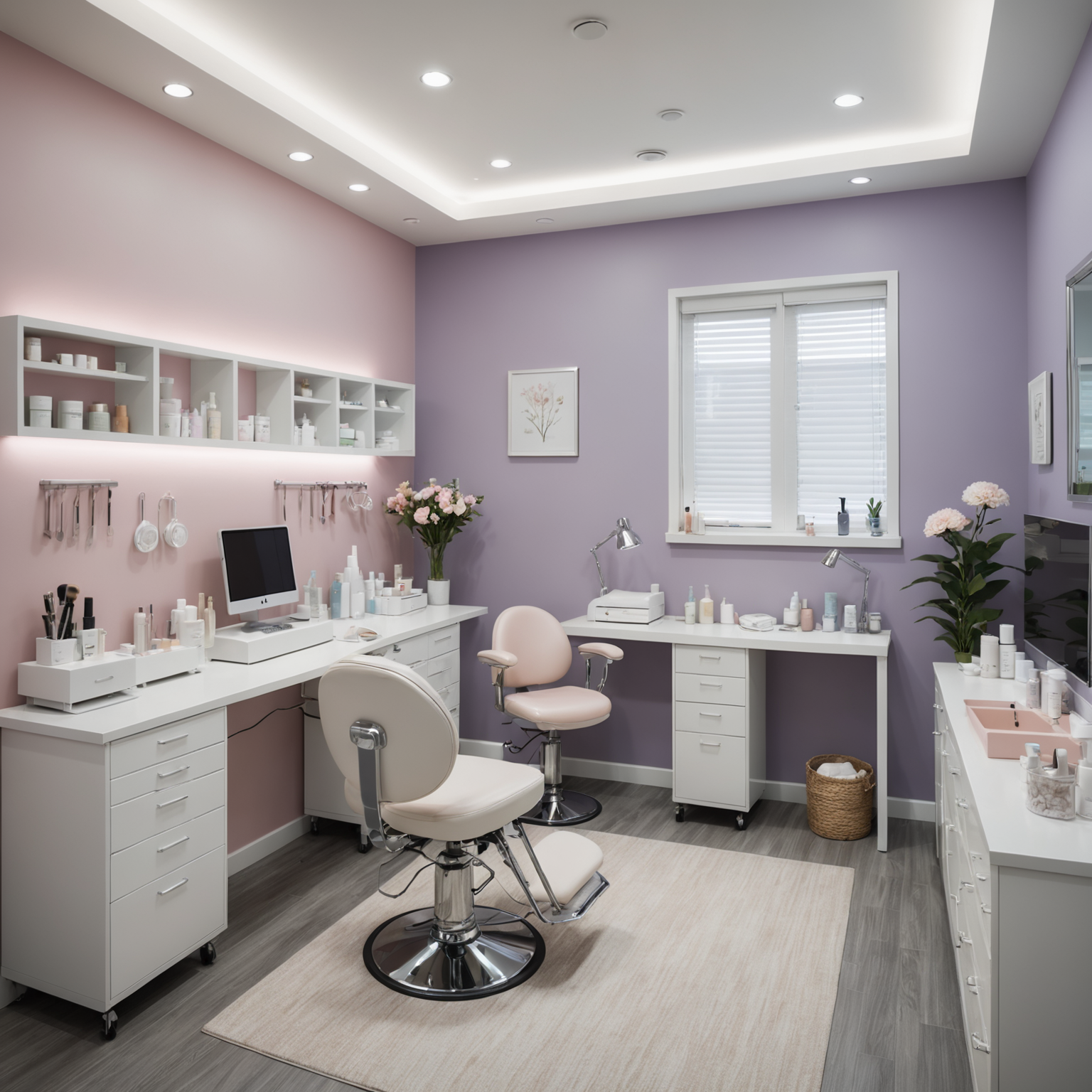 A serene cosmetic clinic room with esthetician tools neatly arranged, highlighting a clean and professional environment.