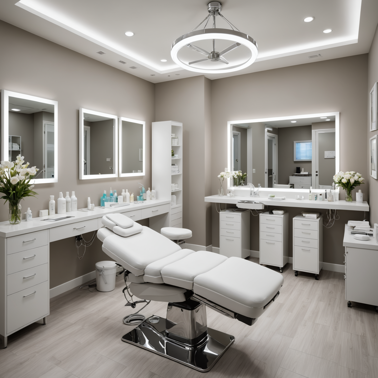 A serene cosmetic clinic treatment room with soft lighting, showcasing esthetician hands preparing sterile tools