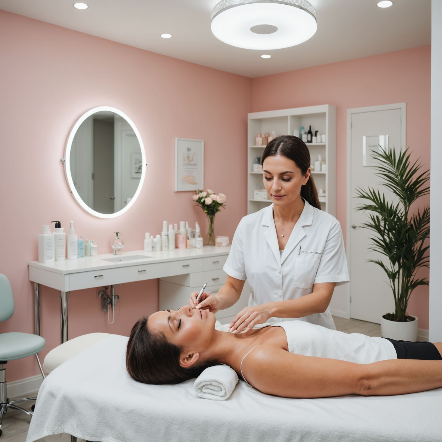 A serene cosmetic-clinic setting with an esthetician's hands preparing Botox injections