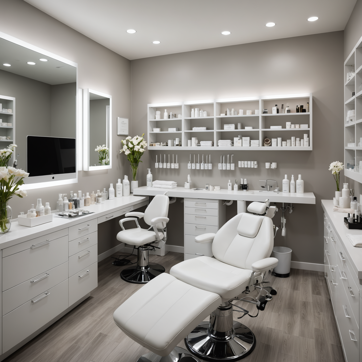 A serene cosmetic-clinic treatment room with esthetician tools neatly arranged on a tray