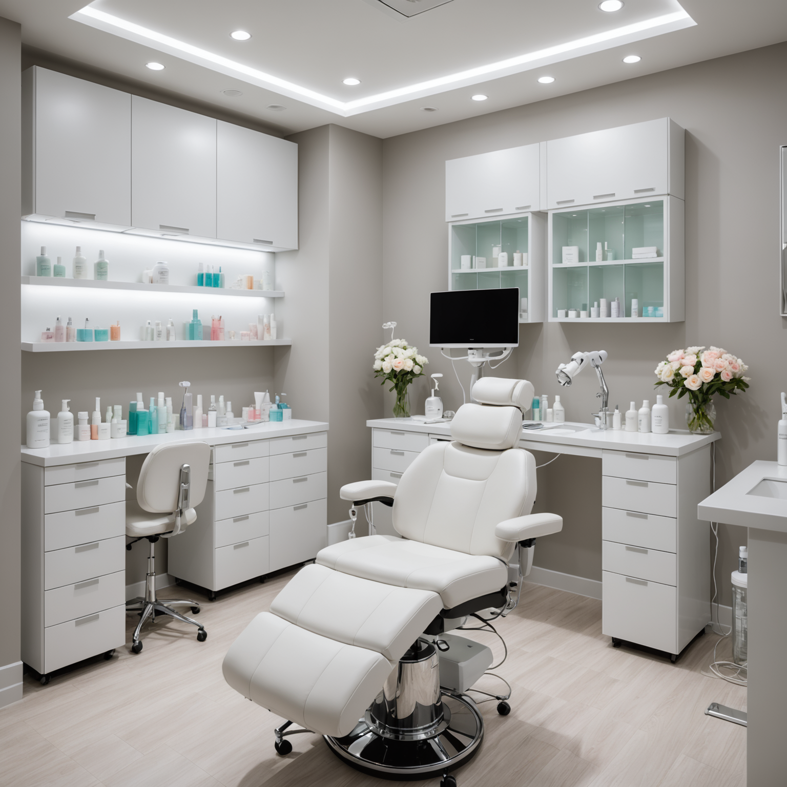 A serene cosmetic clinic treatment room with an esthetician preparing sterile microneedling tools