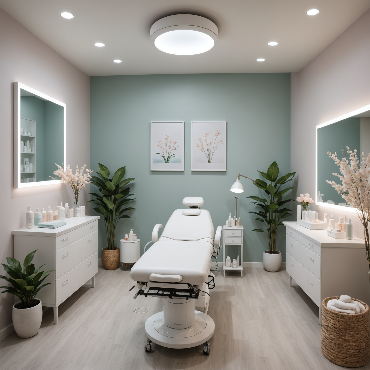 A serene cosmetic clinic room with a treatment bed, esthetician tools, and calming decor.