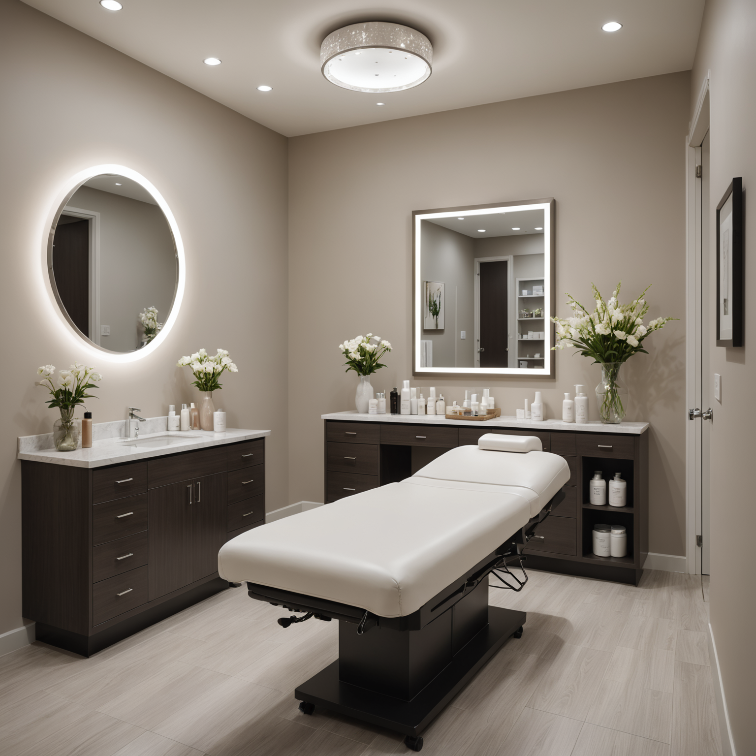 A serene cosmetic clinic treatment room with esthetician tools and skincare textures.