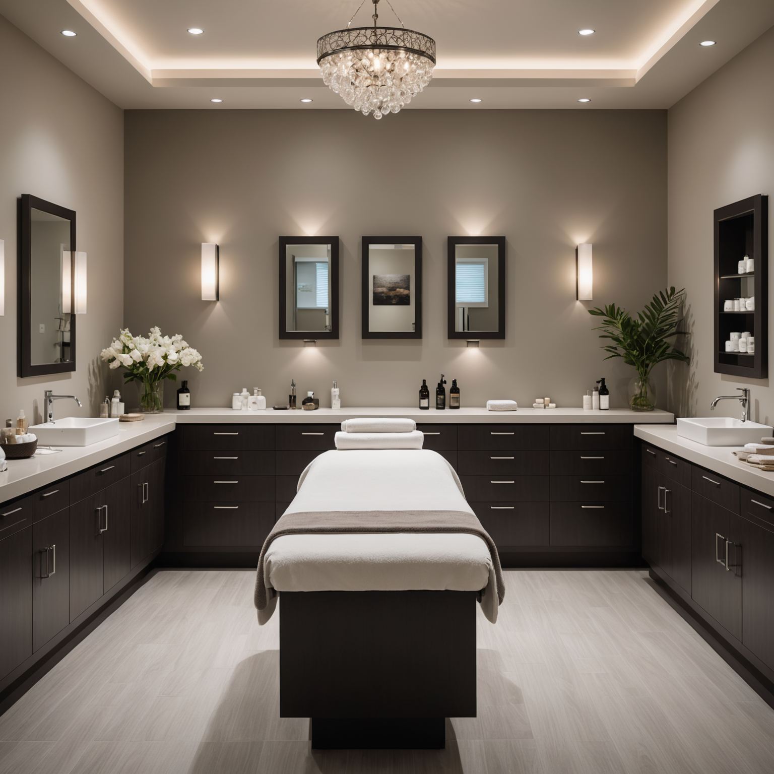 A serene spa interior with a clean treatment room and esthetician tools lined up neatly