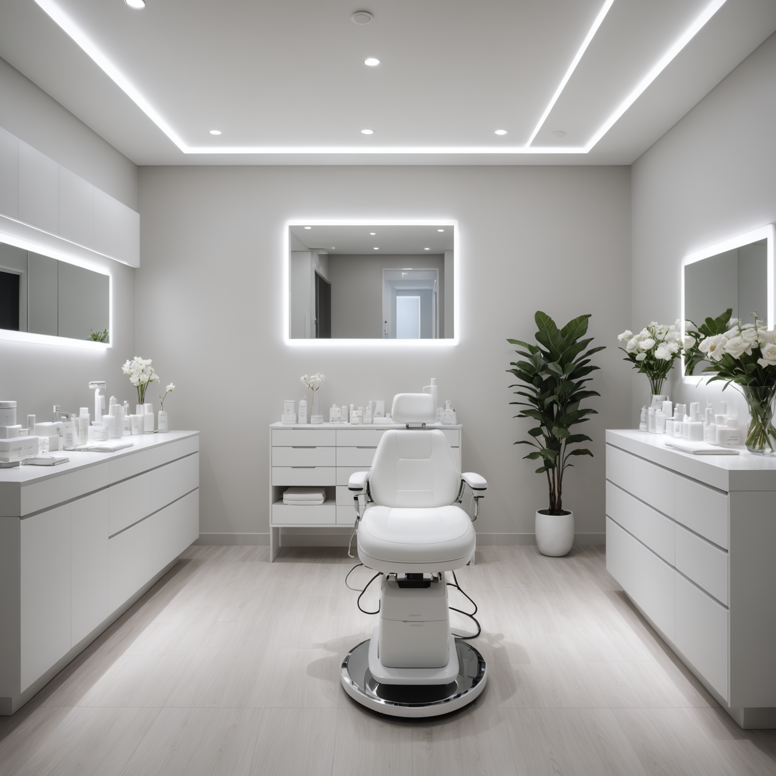 A serene treatment room in a cosmetic clinic, showcasing sterile tools and skincare products