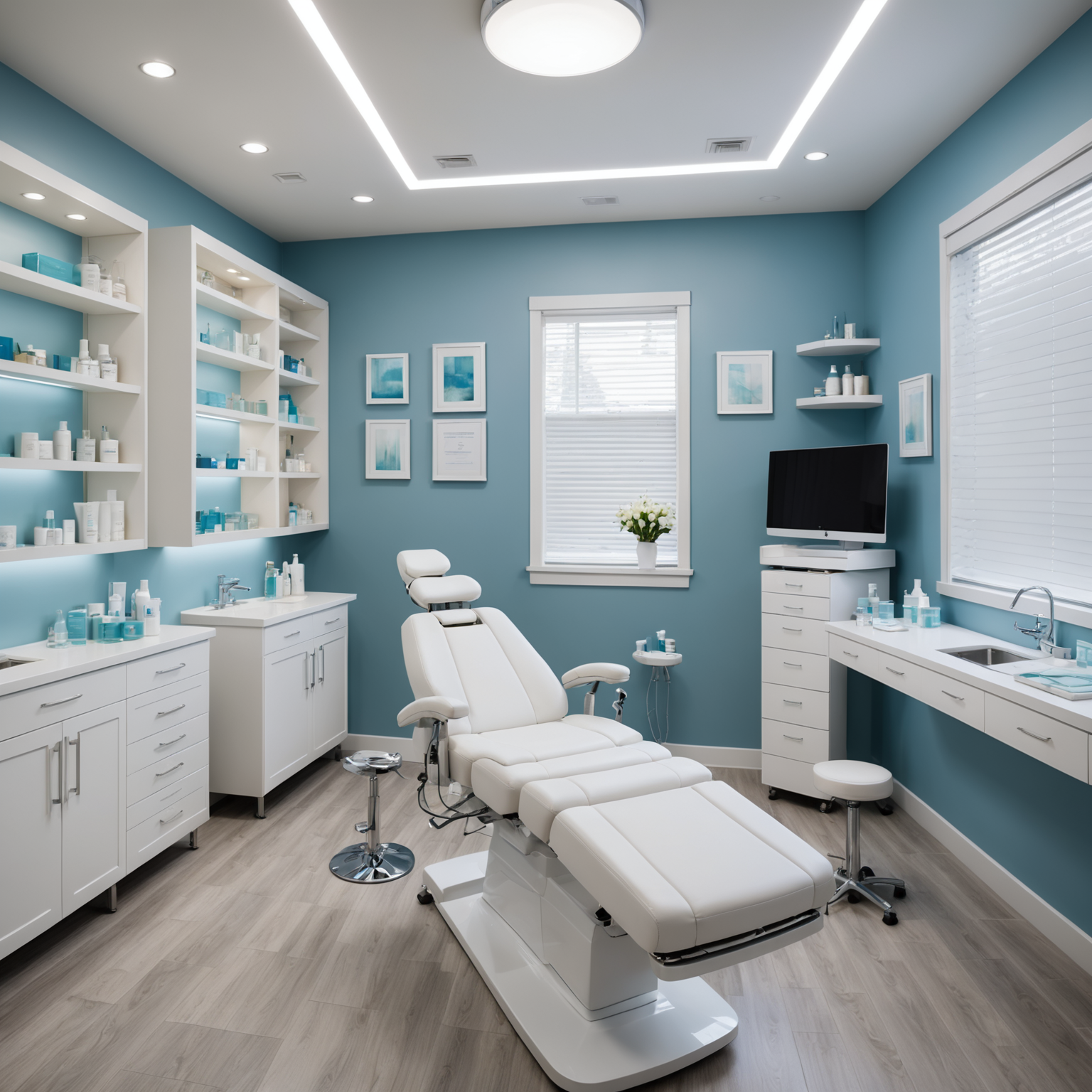 A serene cosmetic-clinic treatment room with esthetician tools neatly arranged