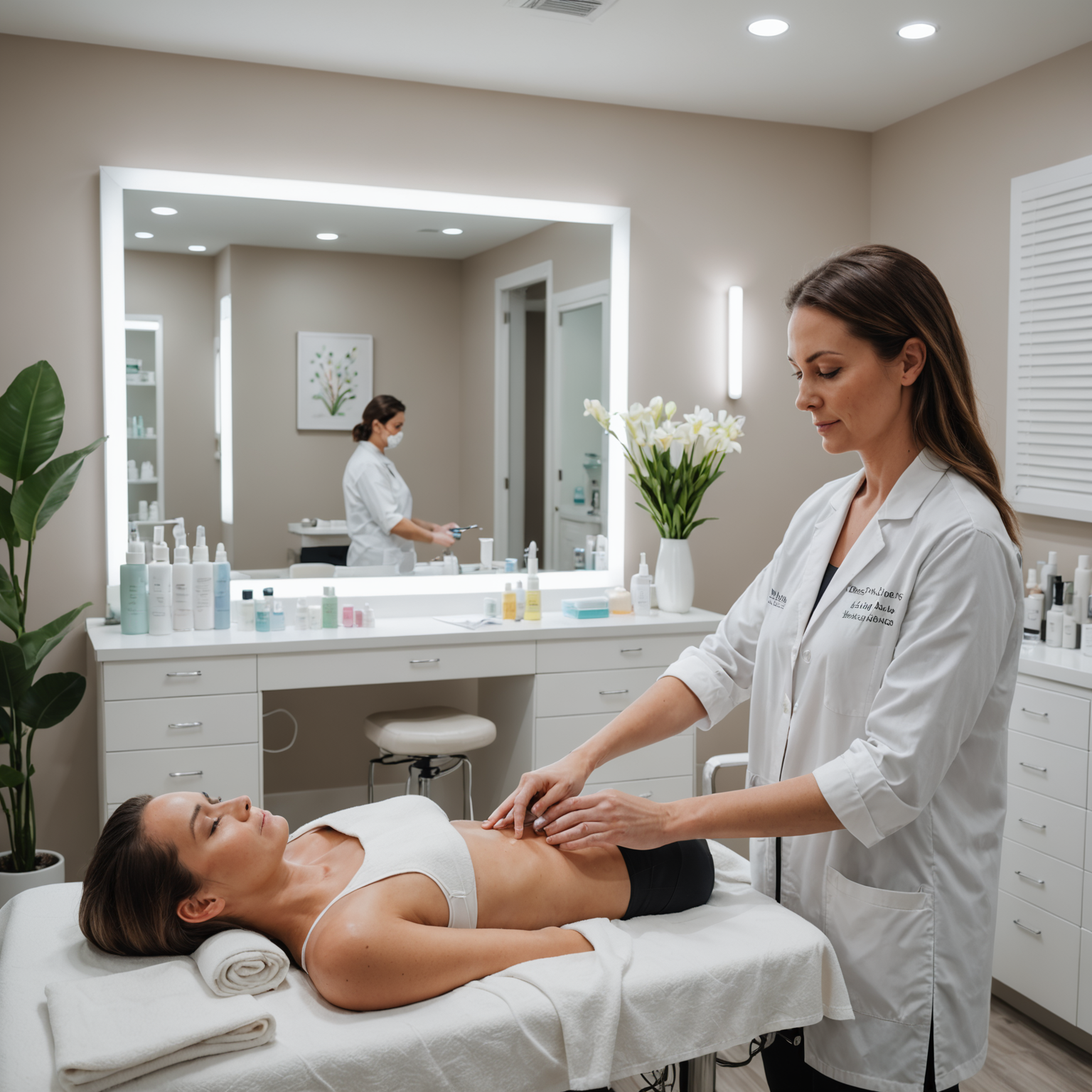A serene cosmetic treatment room with an esthetician's hands preparing for a microneedling session
