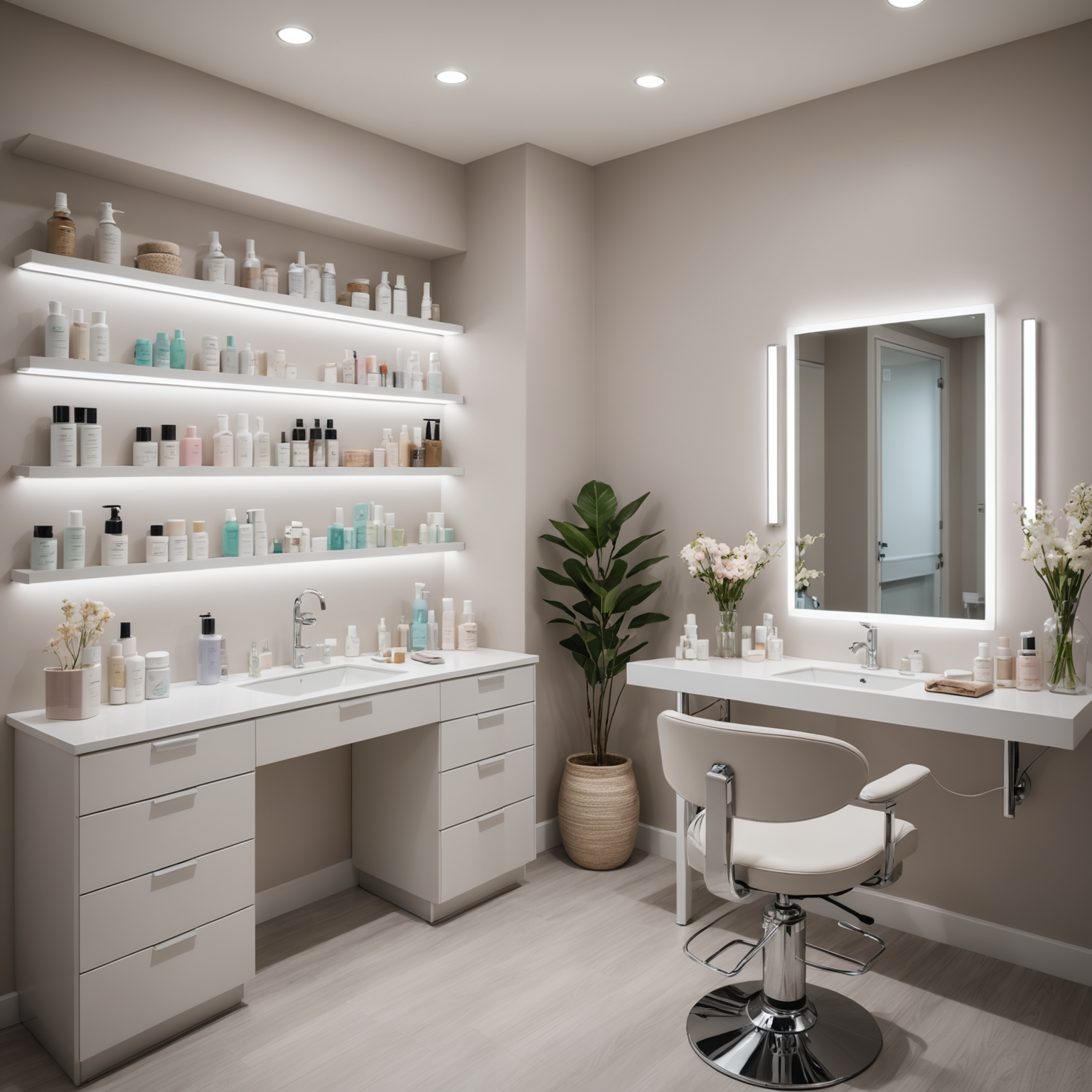 A serene cosmetic treatment room with sterile tools and soothing skincare products.