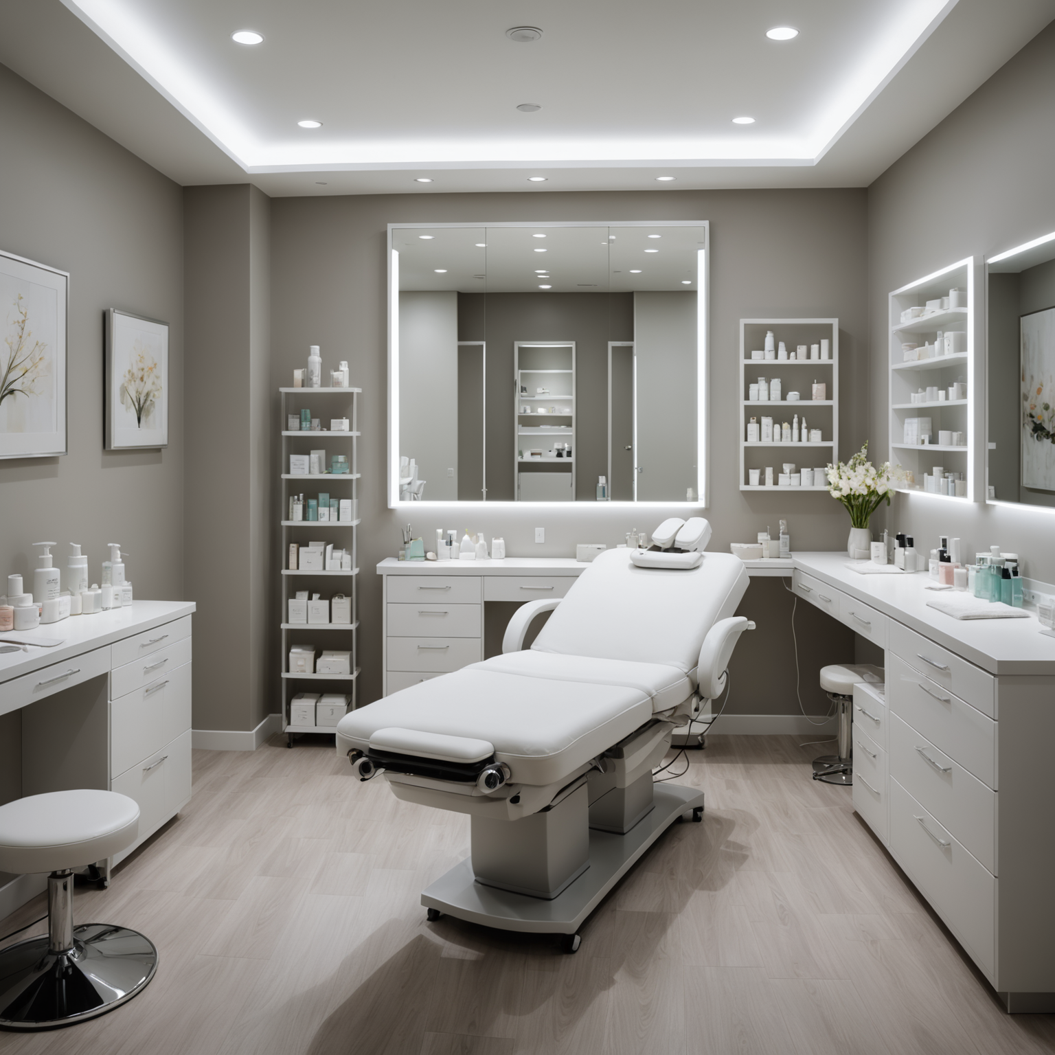 A serene cosmetic clinic room with a treatment bed and various skincare tools.