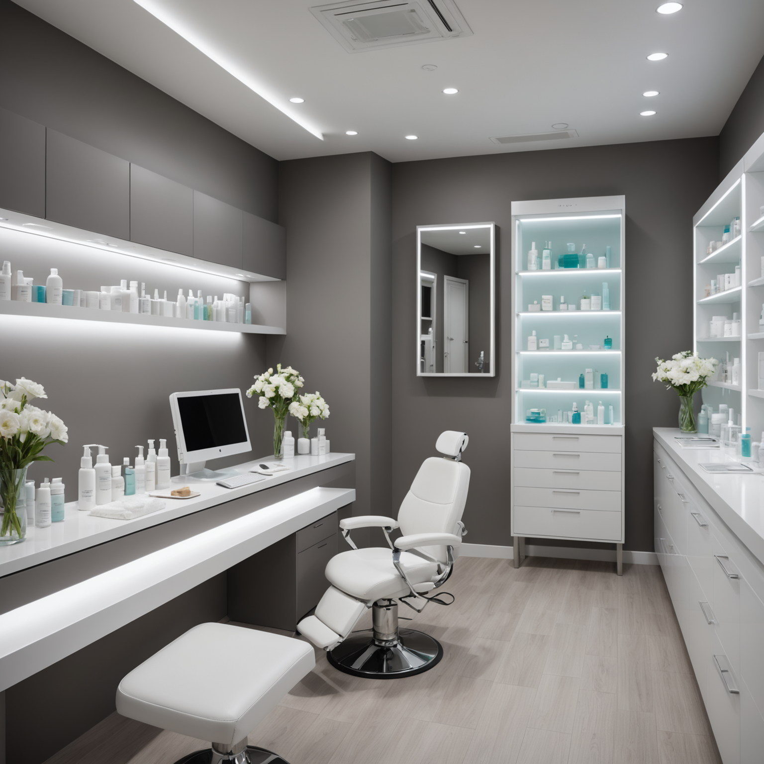 A serene treatment room in a cosmetic clinic, featuring sterile tools and skincare products