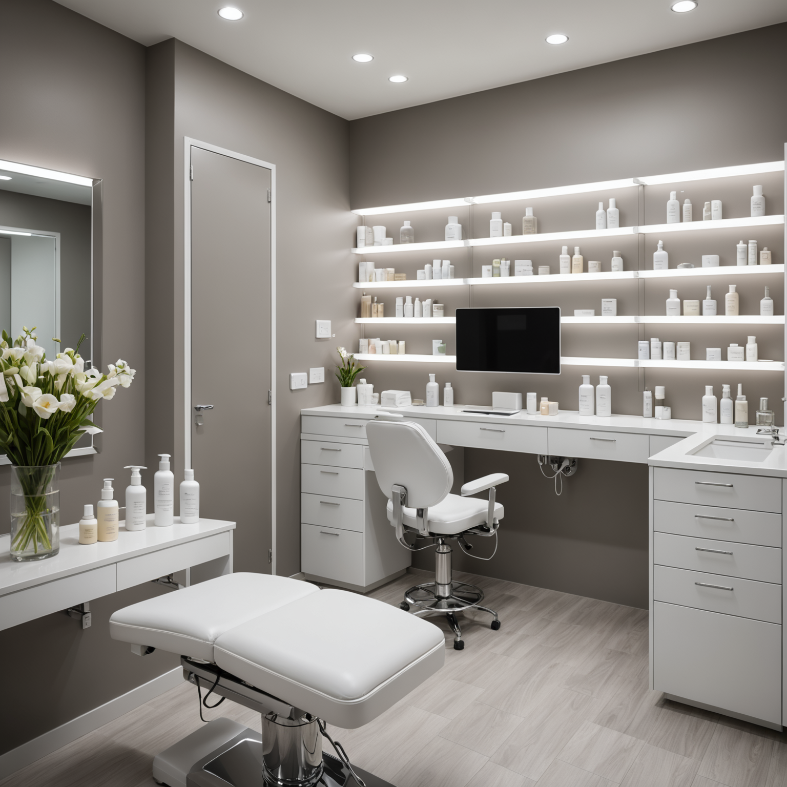 A serene cosmetic clinic treatment room with soft lighting and skincare tools neatly arranged.