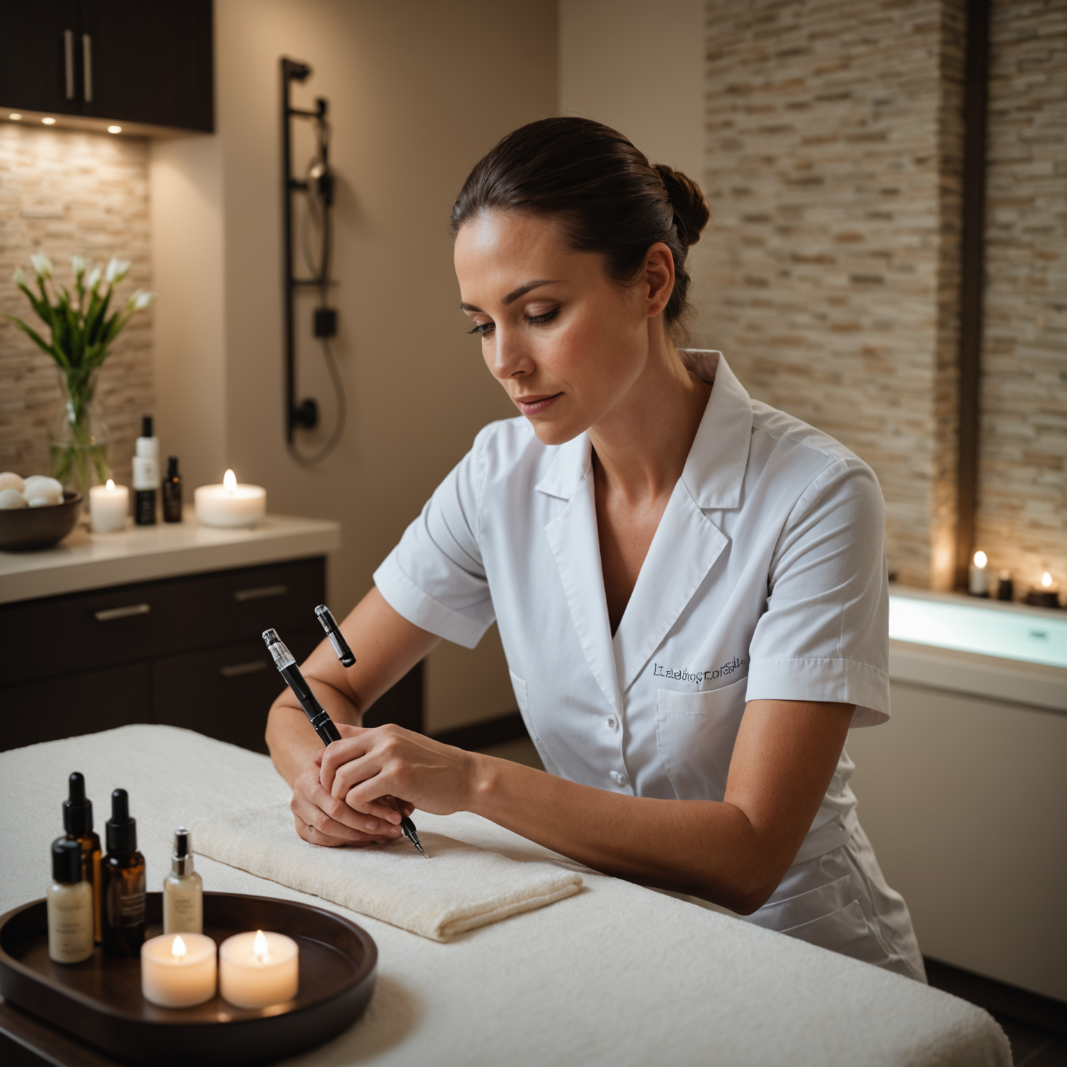 An esthetician carefully using a skin pen device in a serene spa setting, with skincare tools neatly arranged nearby.