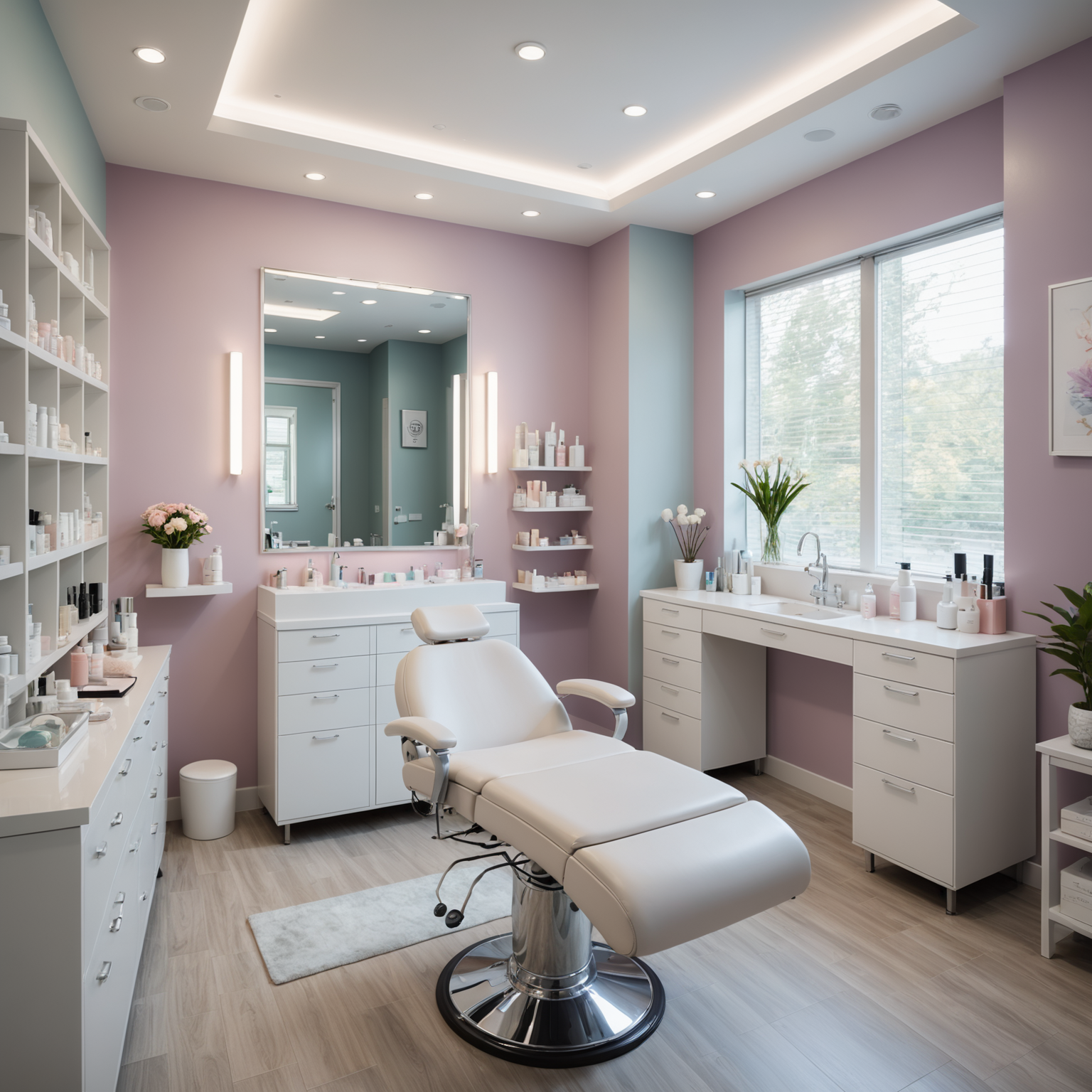 A serene cosmetic clinic treatment room featuring esthetician tools and skincare textures