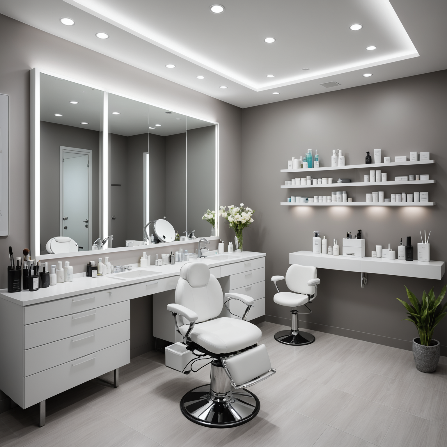 A clean, modern cosmetic clinic treatment room with esthetician tools neatly displayed.
