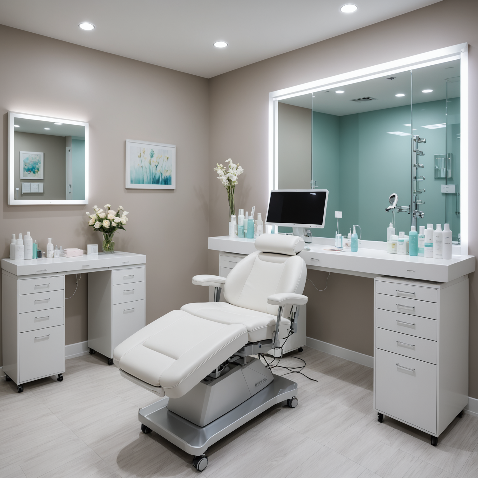 A serene cosmetic clinic treatment room with an esthetician's hands preparing sterile microneedling tools.