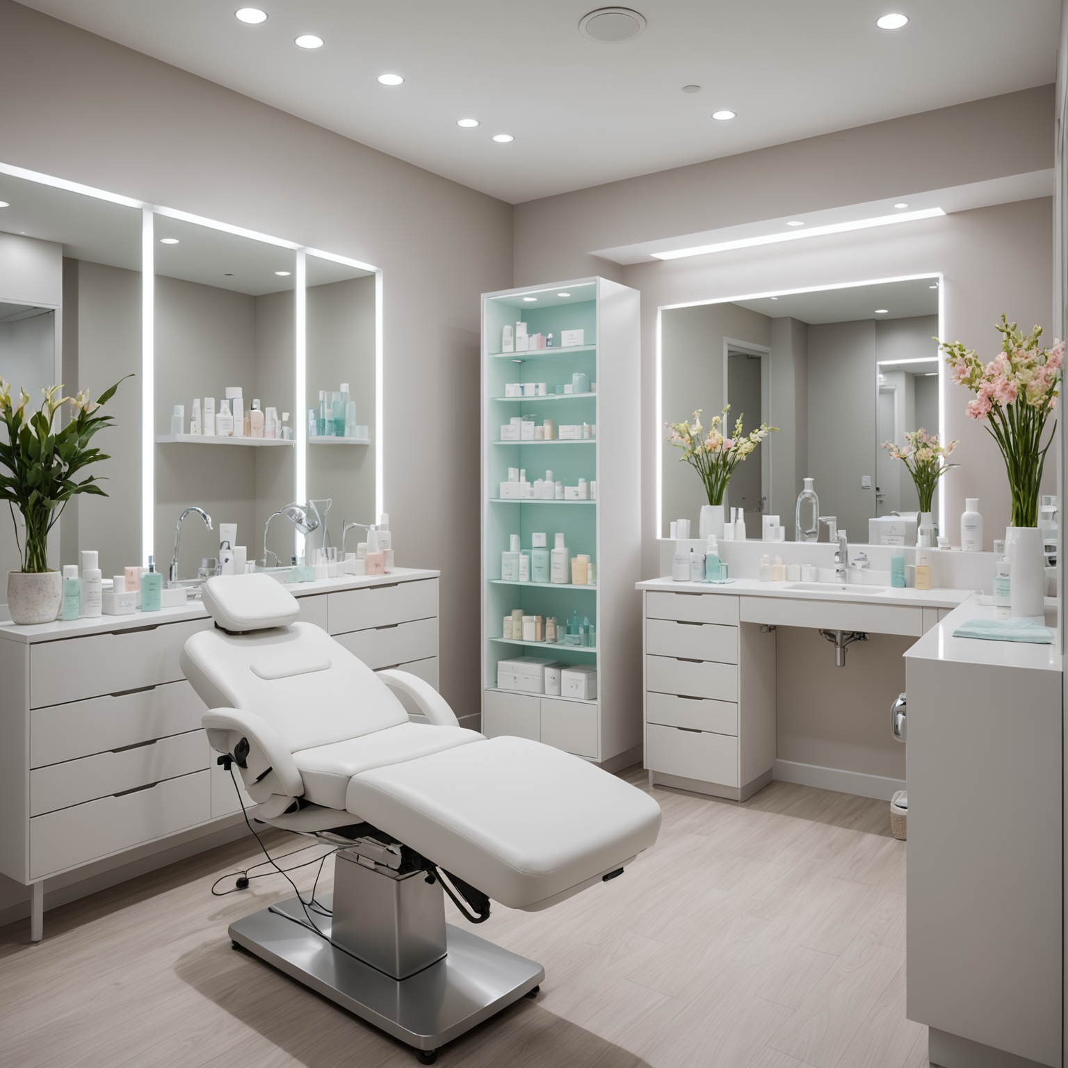 A serene treatment room in a cosmetic clinic, showcasing an array of skincare products and tools used for advanced treatments, emphasizing a clean and professional environment.