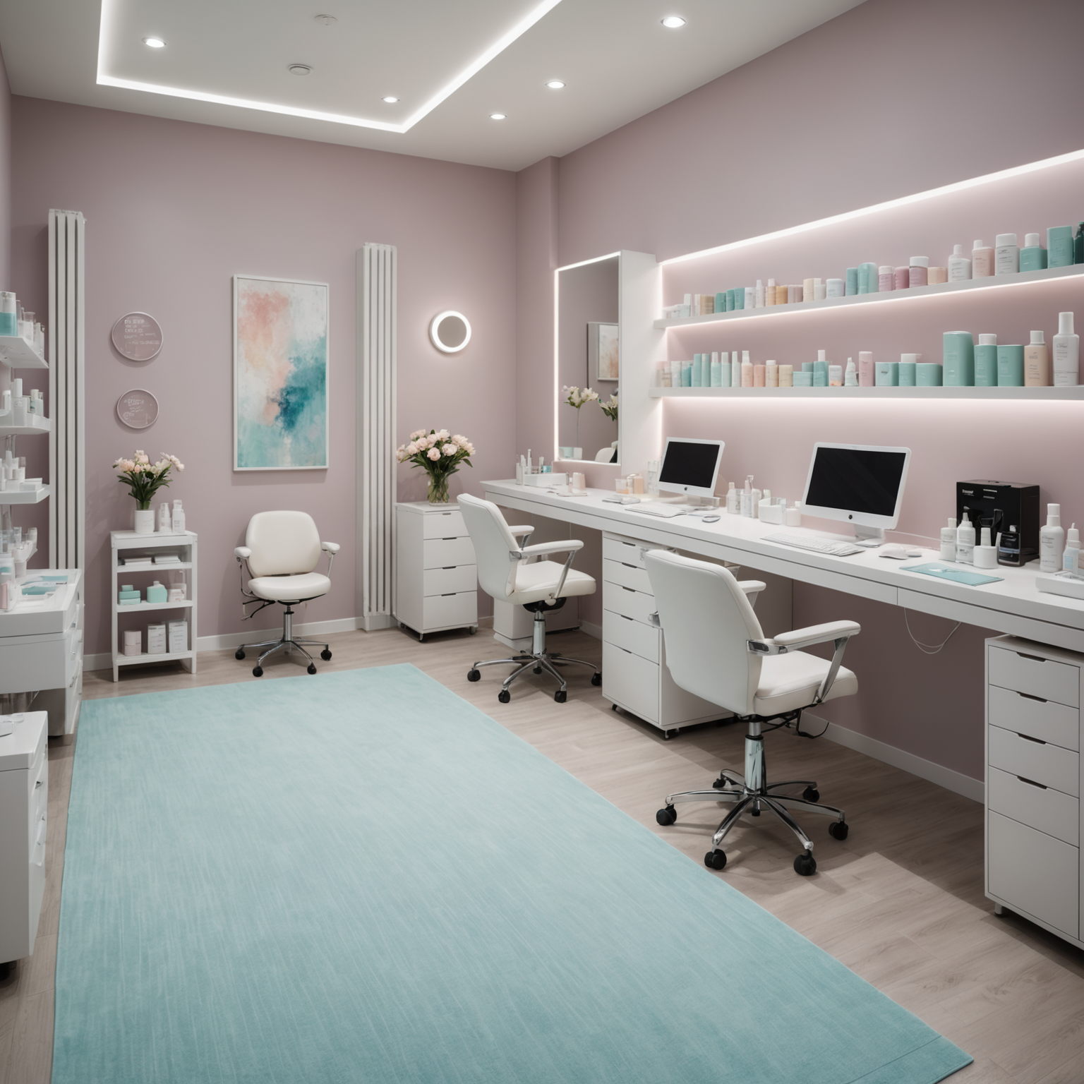 A serene cosmetic clinic treatment room with an esthetician's hands preparing microneedle stamps on a clean surface.