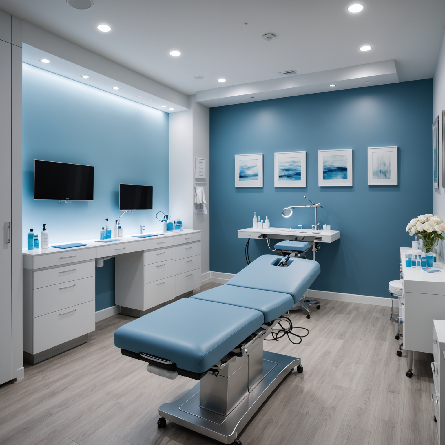 A serene cosmetic clinic with an esthetician preparing microneedling tools in a clean, inviting treatment room.