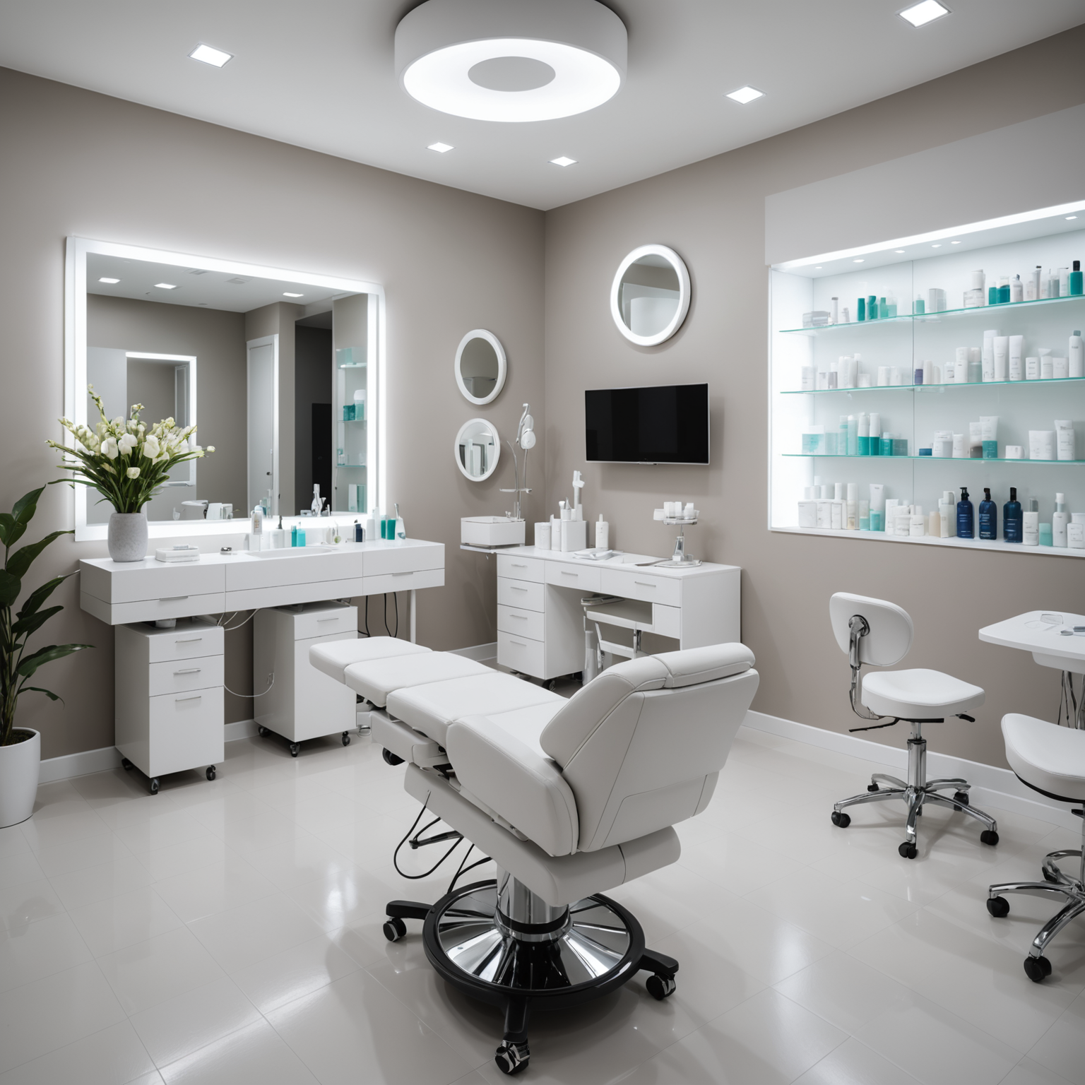 A serene cosmetic clinic room with an esthetician preparing microneedling tools on a clean, white surface