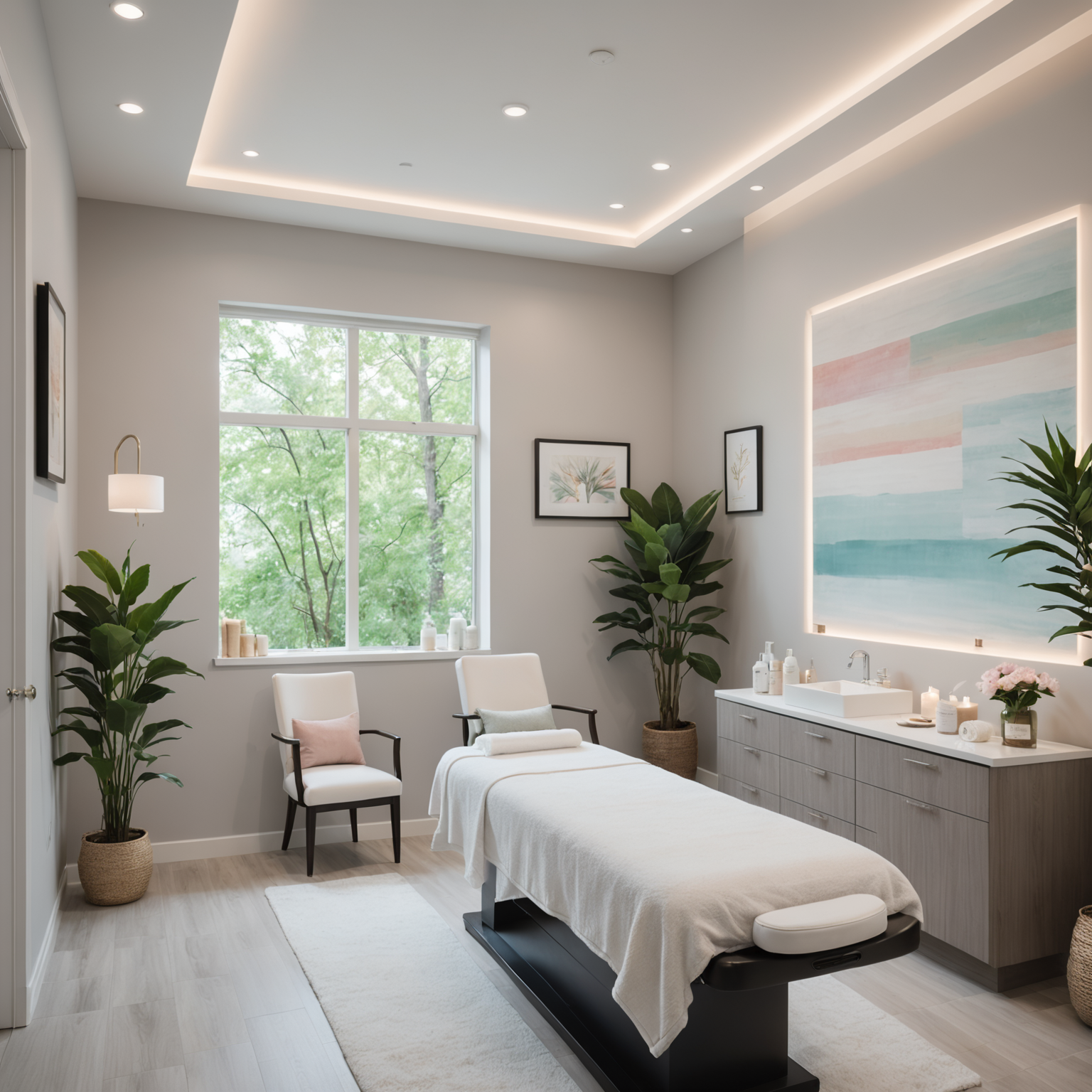 A serene spa interior with a treatment room, featuring an esthetician's hands preparing sterile tools for a microneedling session.