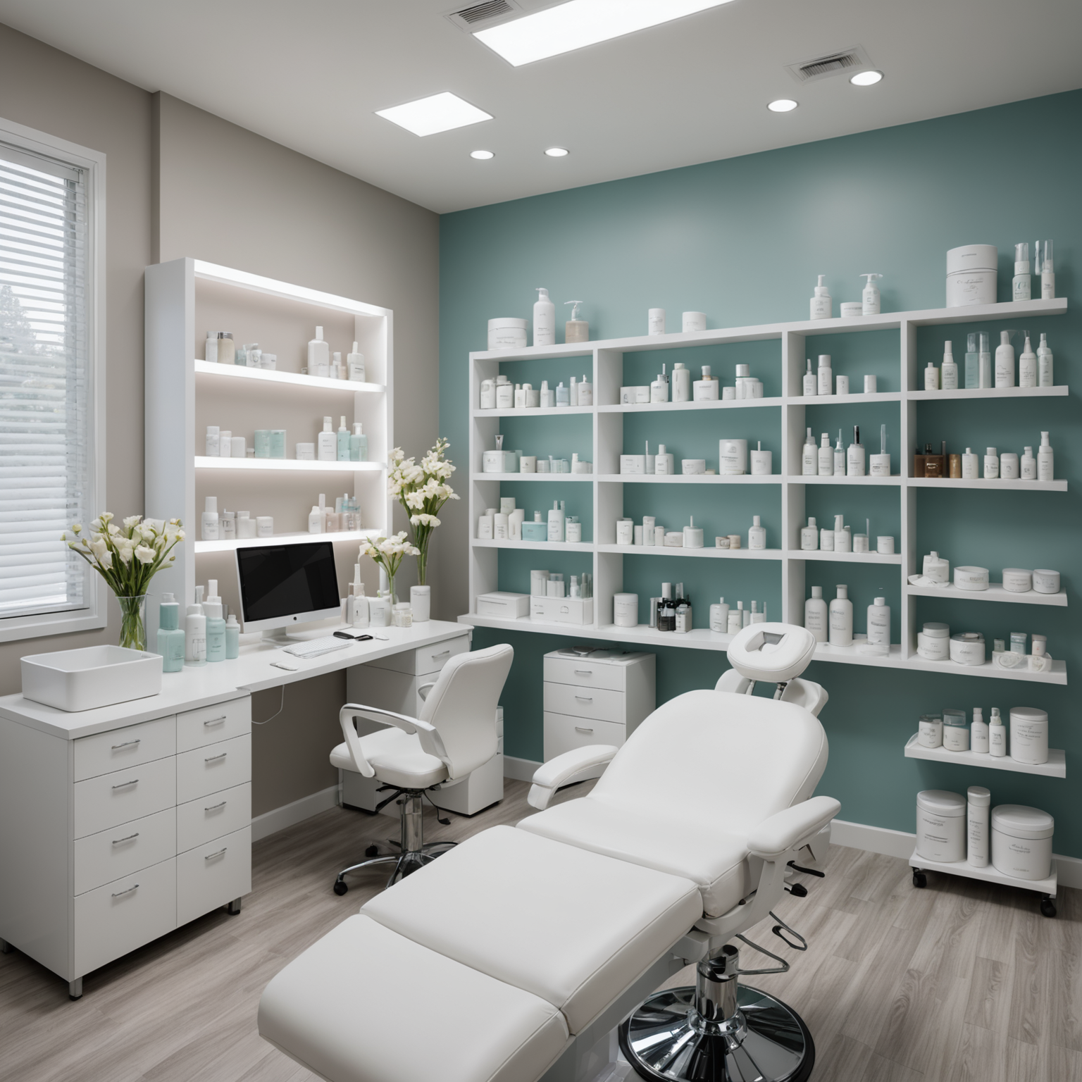 A serene cosmetic clinic treatment room with an esthetician's hands preparing sterile tools and skincare textures.