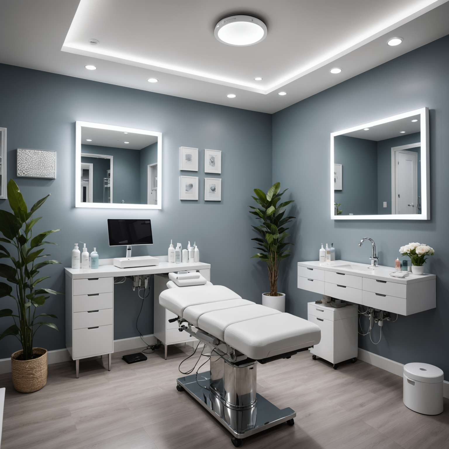 A modern cosmetic clinic treatment room with an esthetician preparing tools for a microneedling session