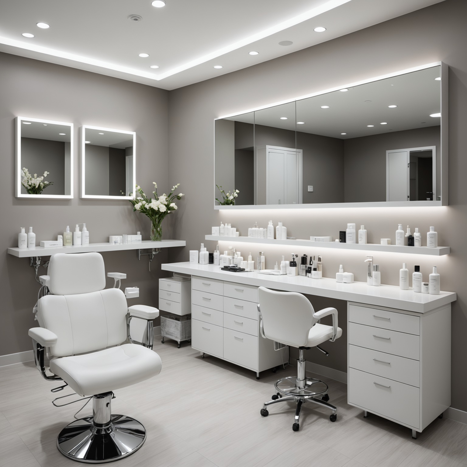 A serene cosmetic clinic treatment room with skincare tools neatly arranged.