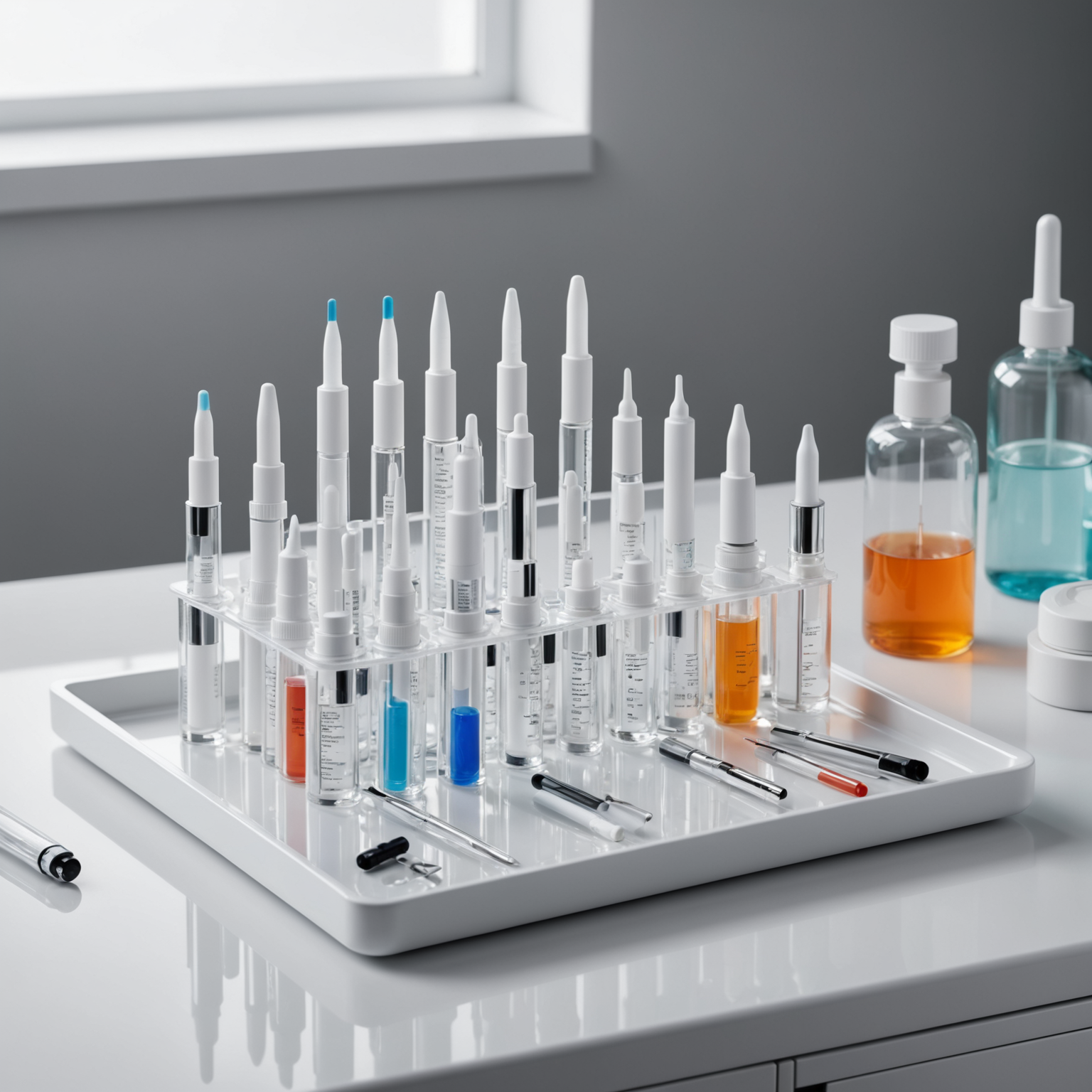 neatly arranged injectable vials and sterile tools on a white tray with soft diffused lighting