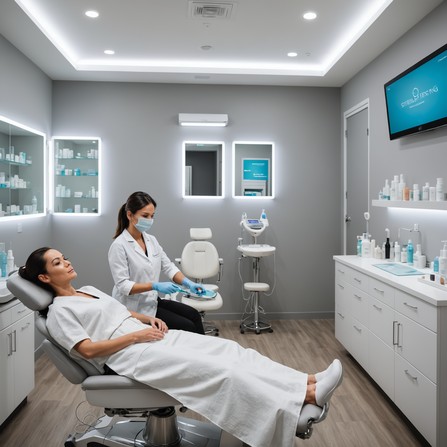 A serene cosmetic clinic treatment room with an esthetician's hands preparing sterile tools for microneedling.