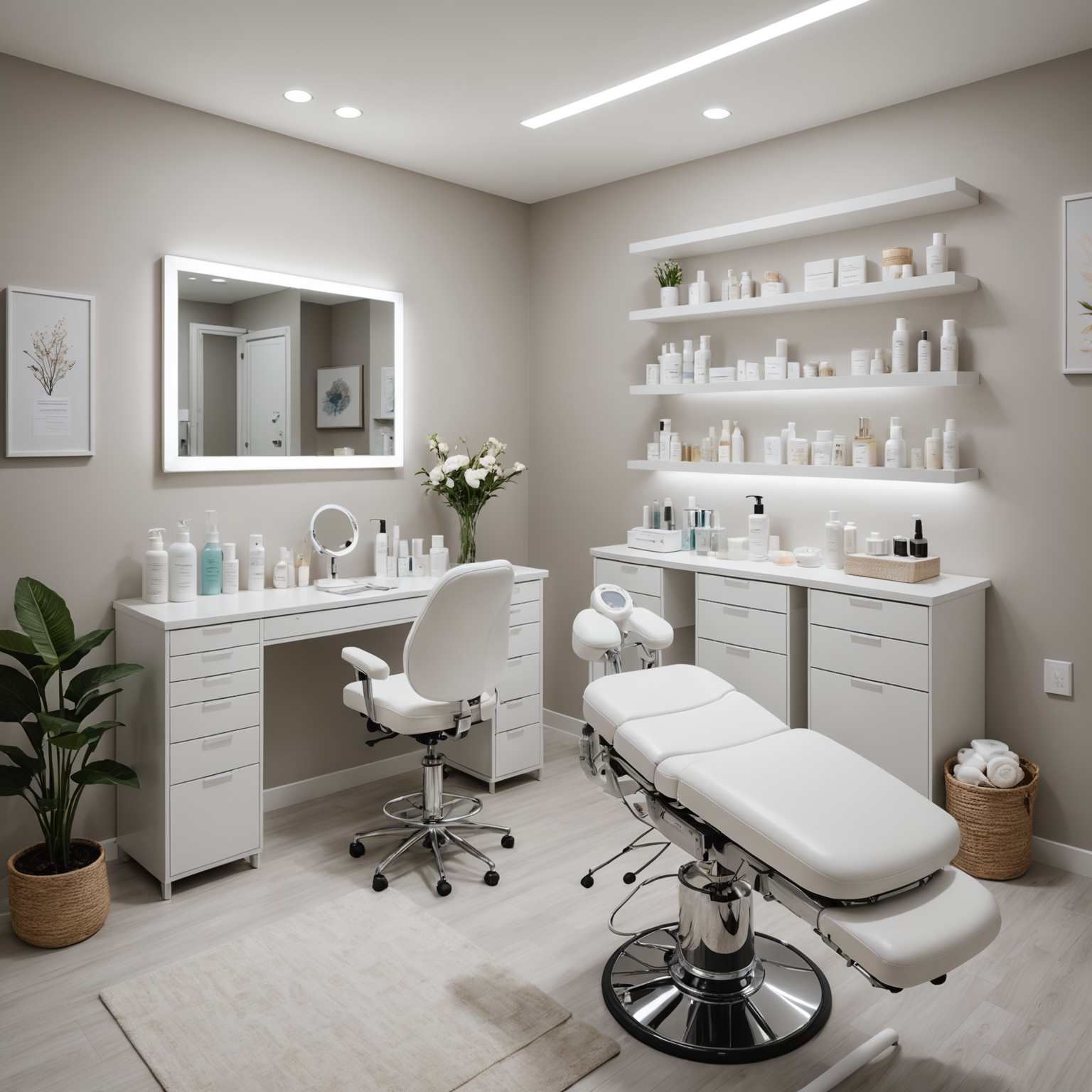 A serene cosmetic clinic treatment room with esthetician tools and skincare textures