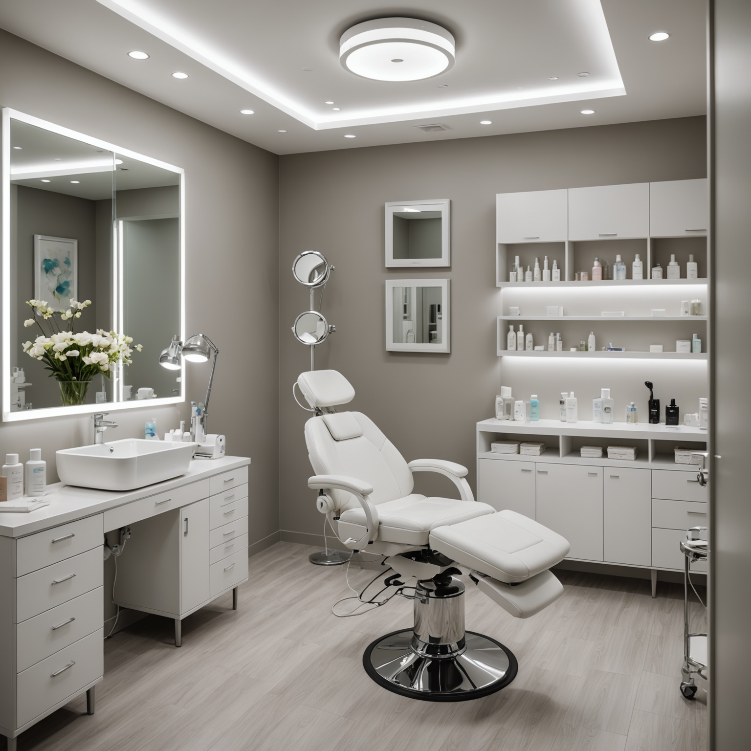 A serene cosmetic clinic treatment room with sterile tools and skincare textures