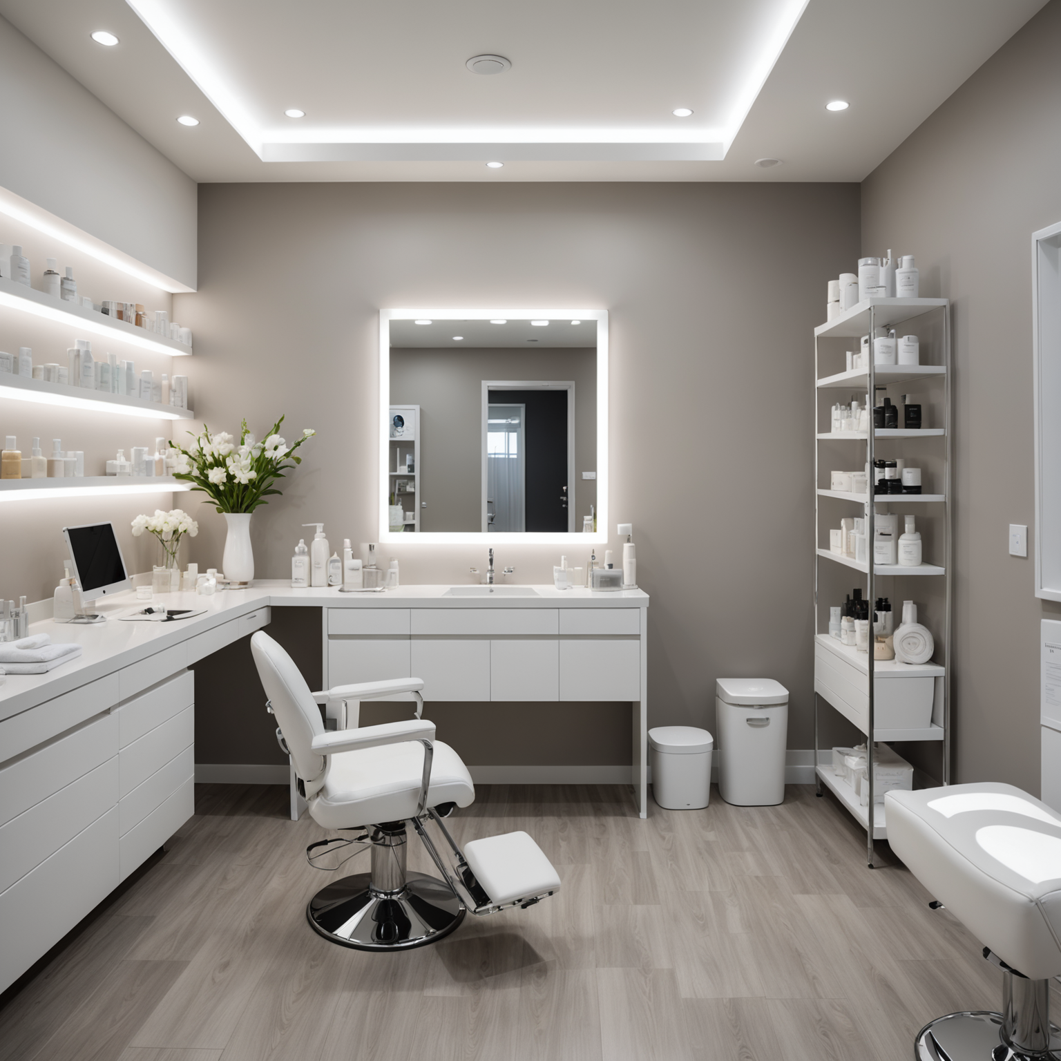 A serene cosmetic clinic treatment room with esthetician tools and skincare products