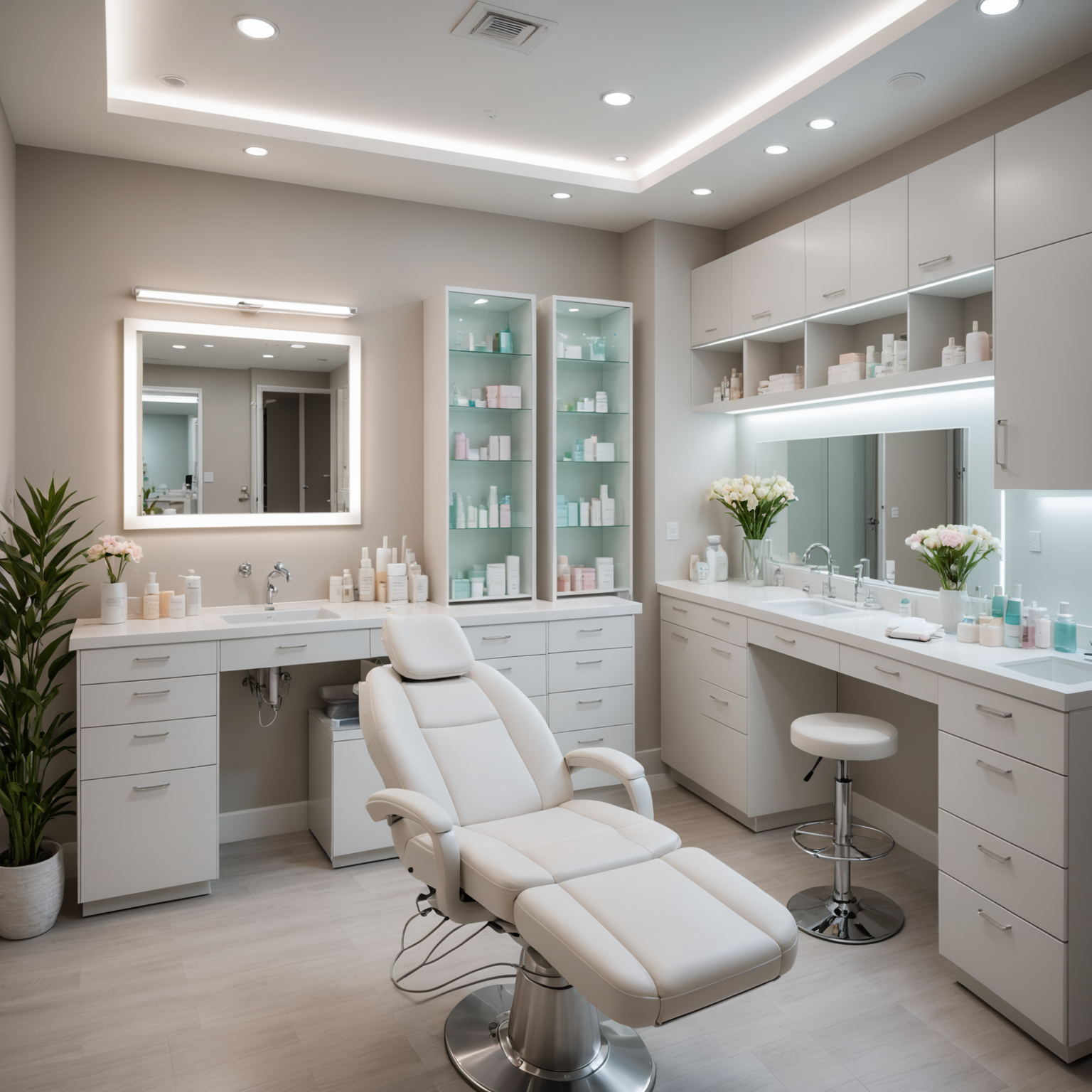 A serene cosmetic-clinic treatment room with an esthetician preparing sterile tools for a skincare procedure