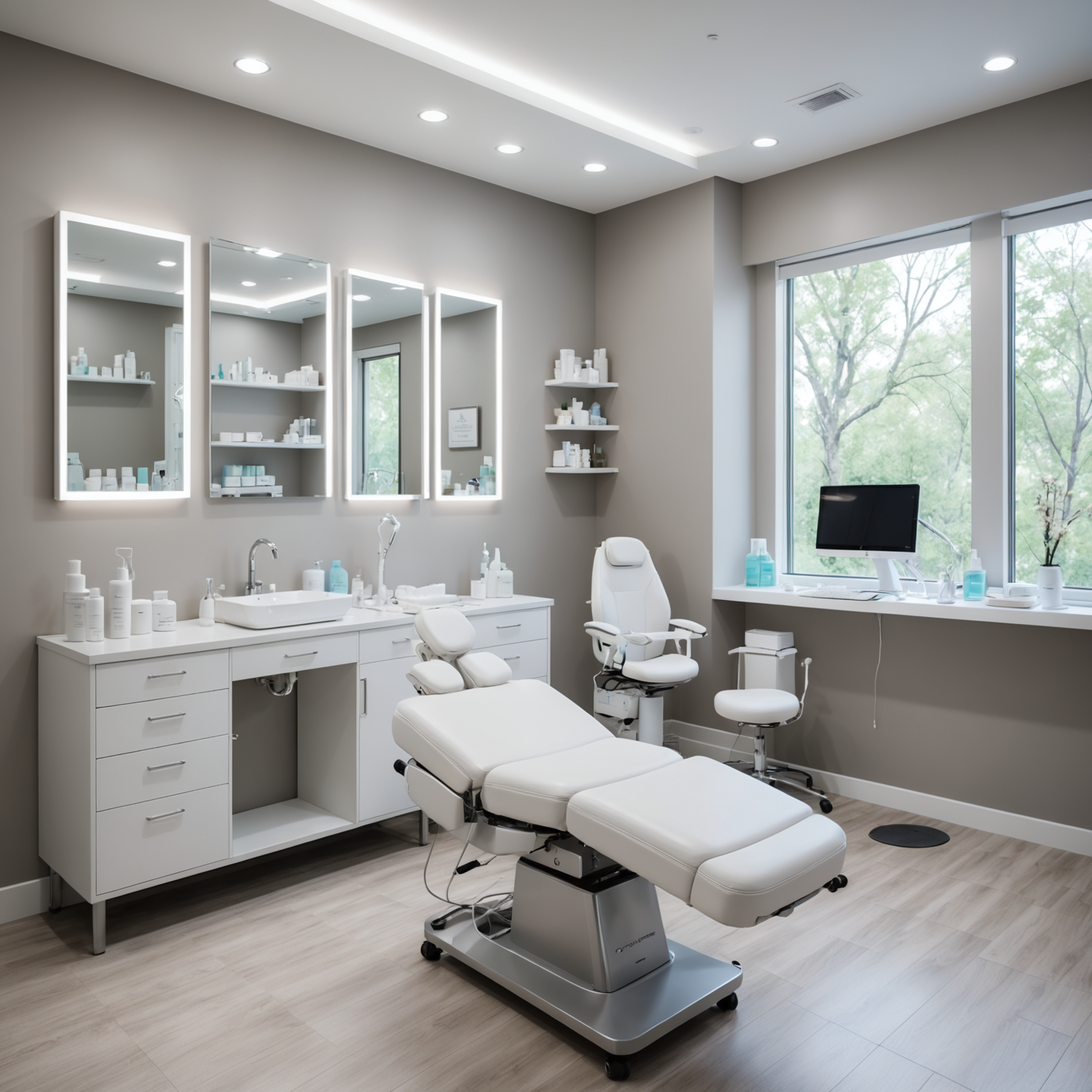 A serene cosmetic clinic room with an esthetician preparing RF microneedling tools