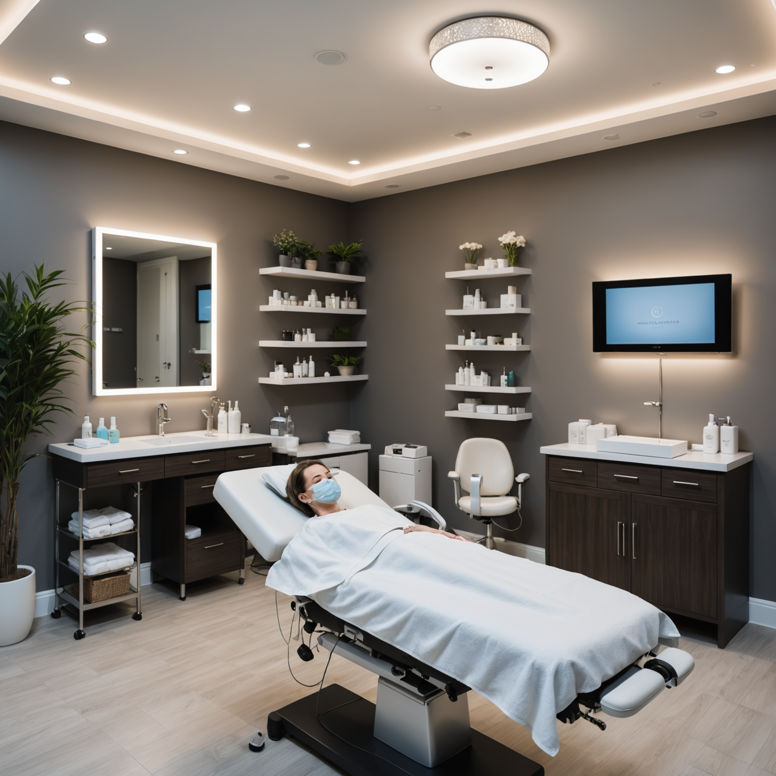 A serene cosmetic clinic treatment room, showcasing esthetician hands preparing for an RF microneedling procedure.