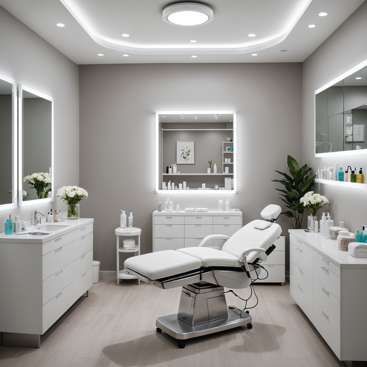 A serene and sterile treatment room in a cosmetic clinic, showcasing skincare textures and esthetician tools neatly arranged