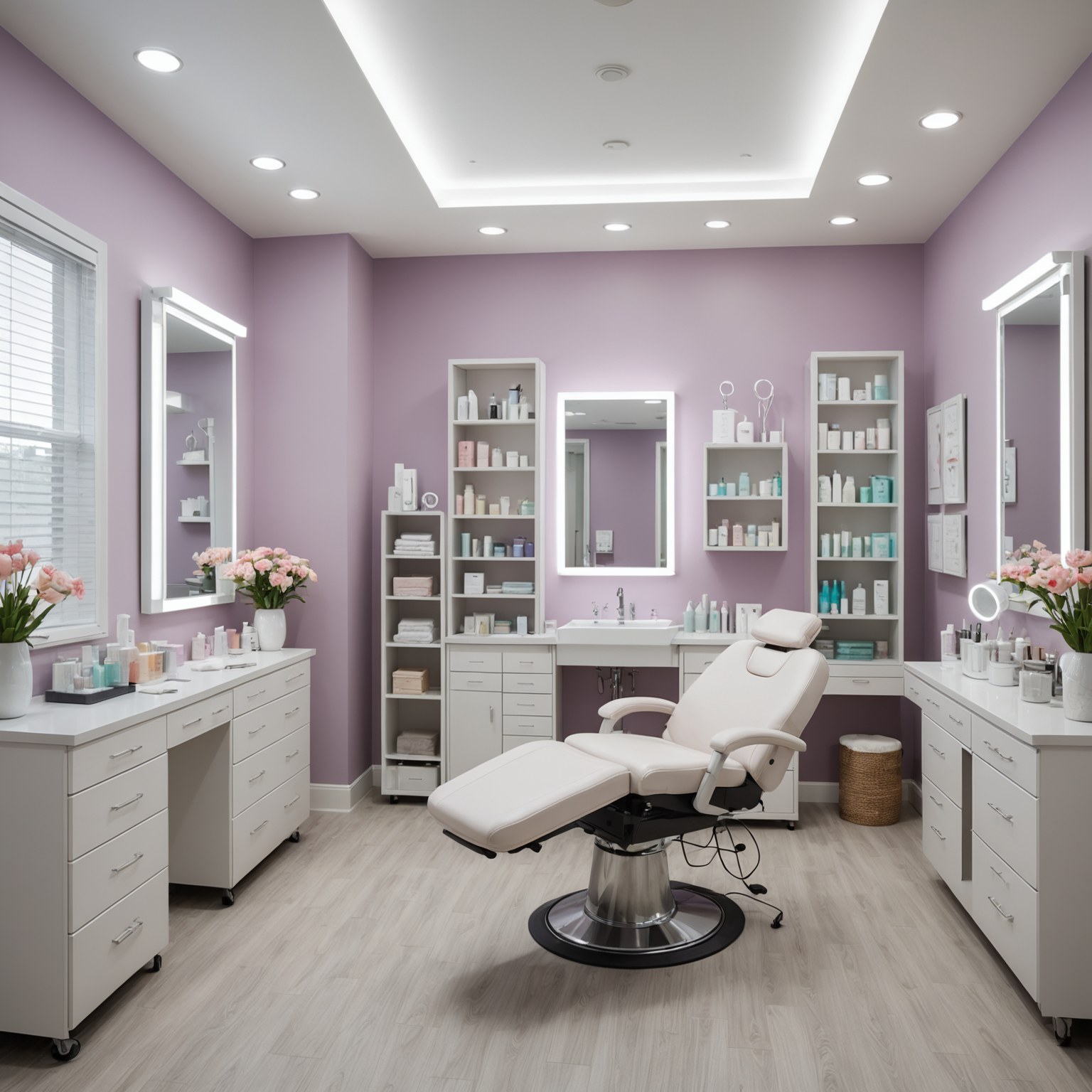 A serene cosmetic clinic room with esthetician tools and equipment