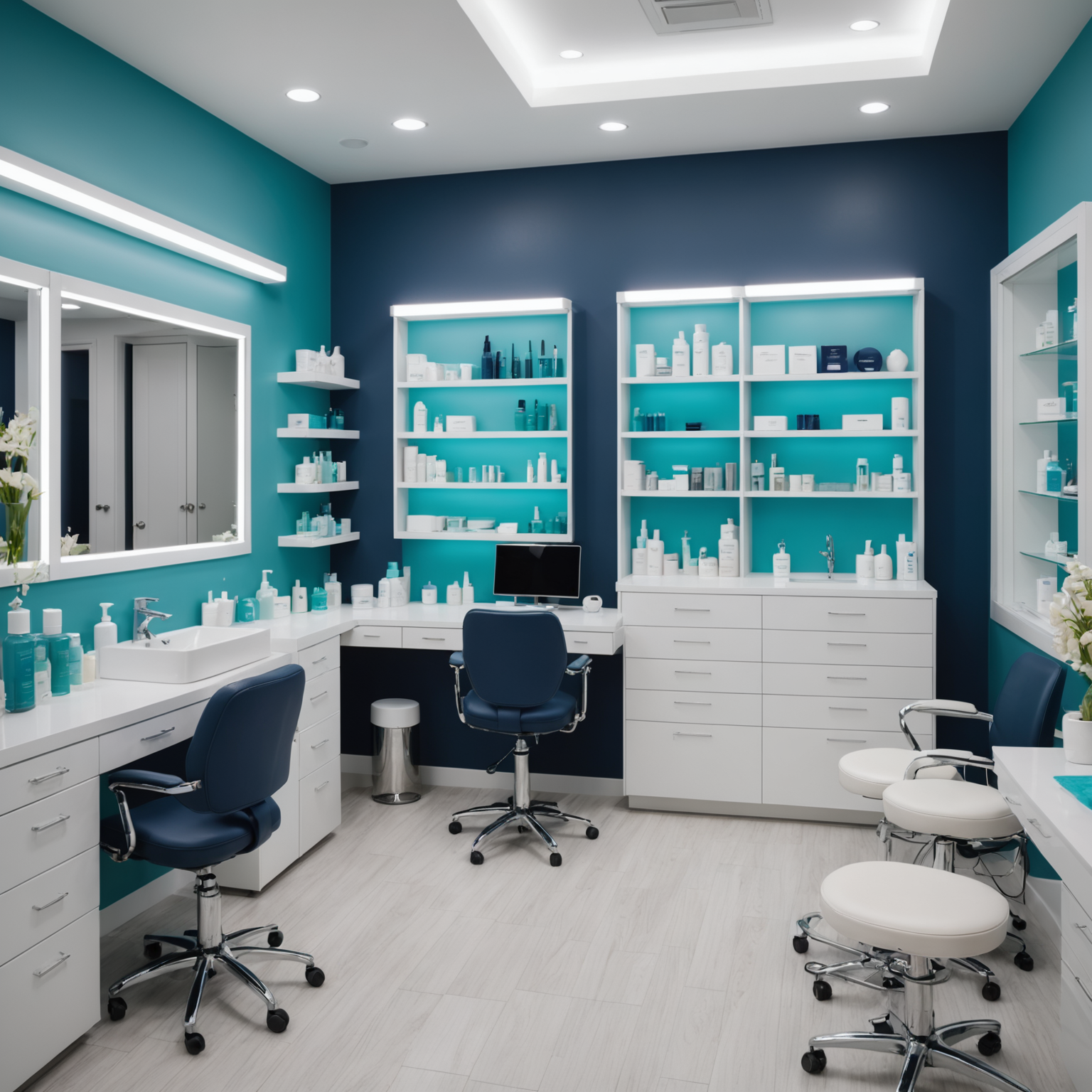 A serene cosmetic clinic treatment room with esthetician tools and skincare products.