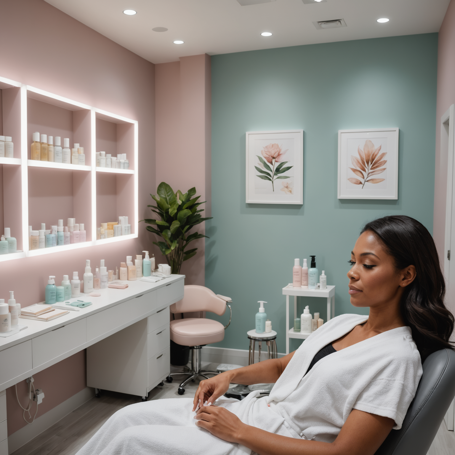 Treatment room with esthetician's hands preparing for dermaplaning, including skincare textures and sterile tools.