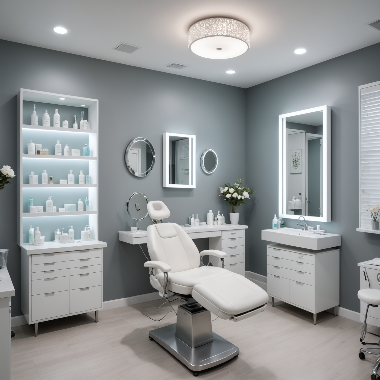 A serene cosmetic clinic room with an esthetician's hands carefully using sterile tools on a client's face.