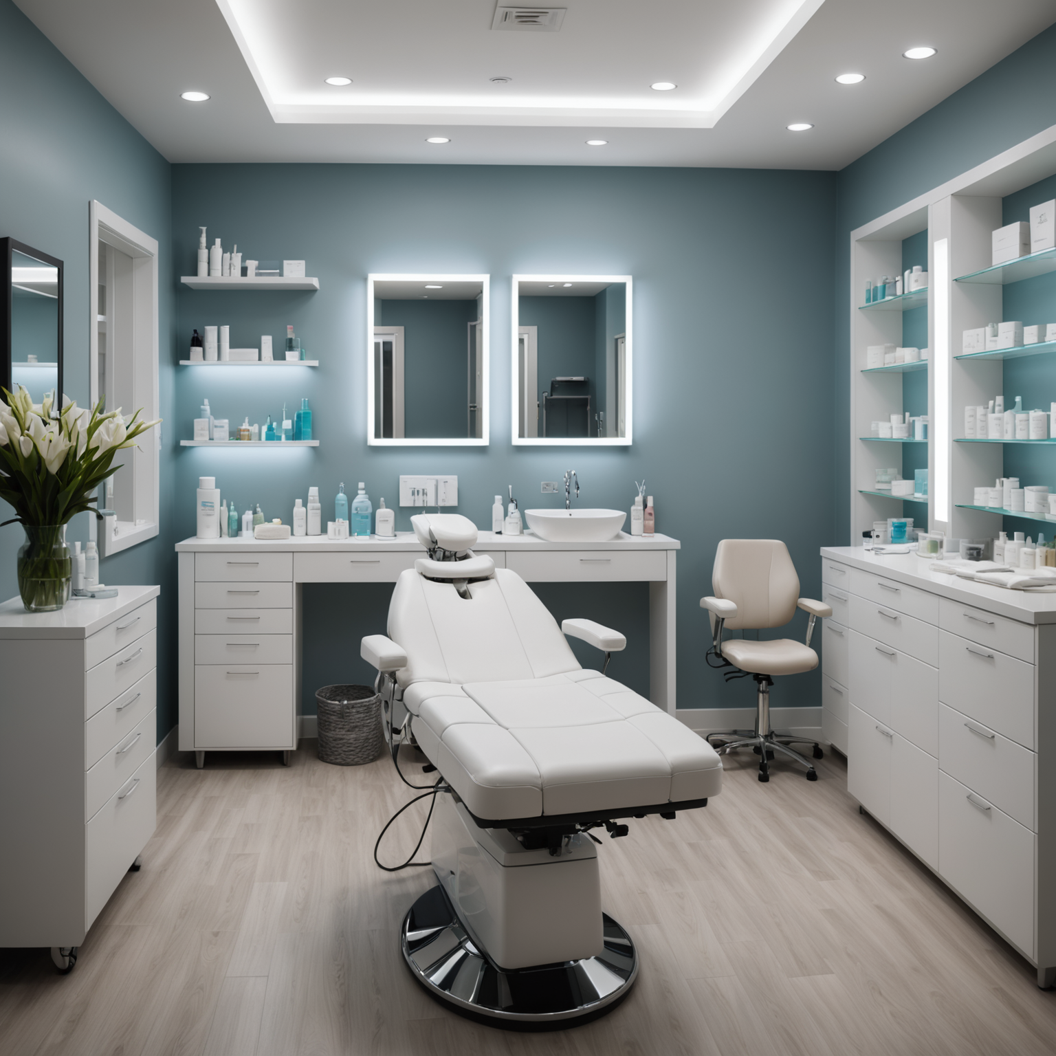 A serene cosmetic clinic room with an esthetician's hands preparing the sterile tools for dermaplaning