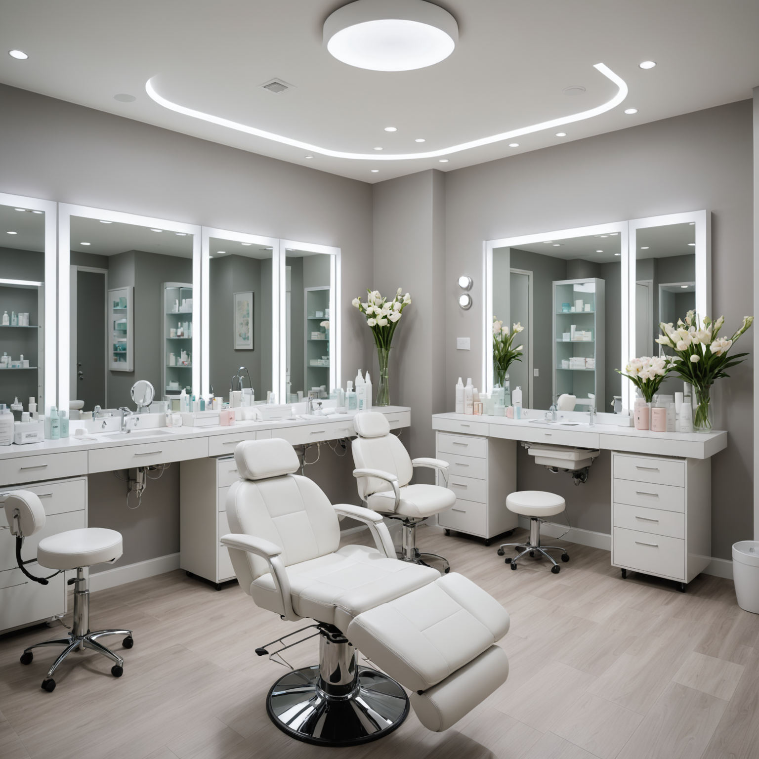 A serene cosmetic-clinic treatment room with estheticians at work, showcasing sterile tools and skincare textures.