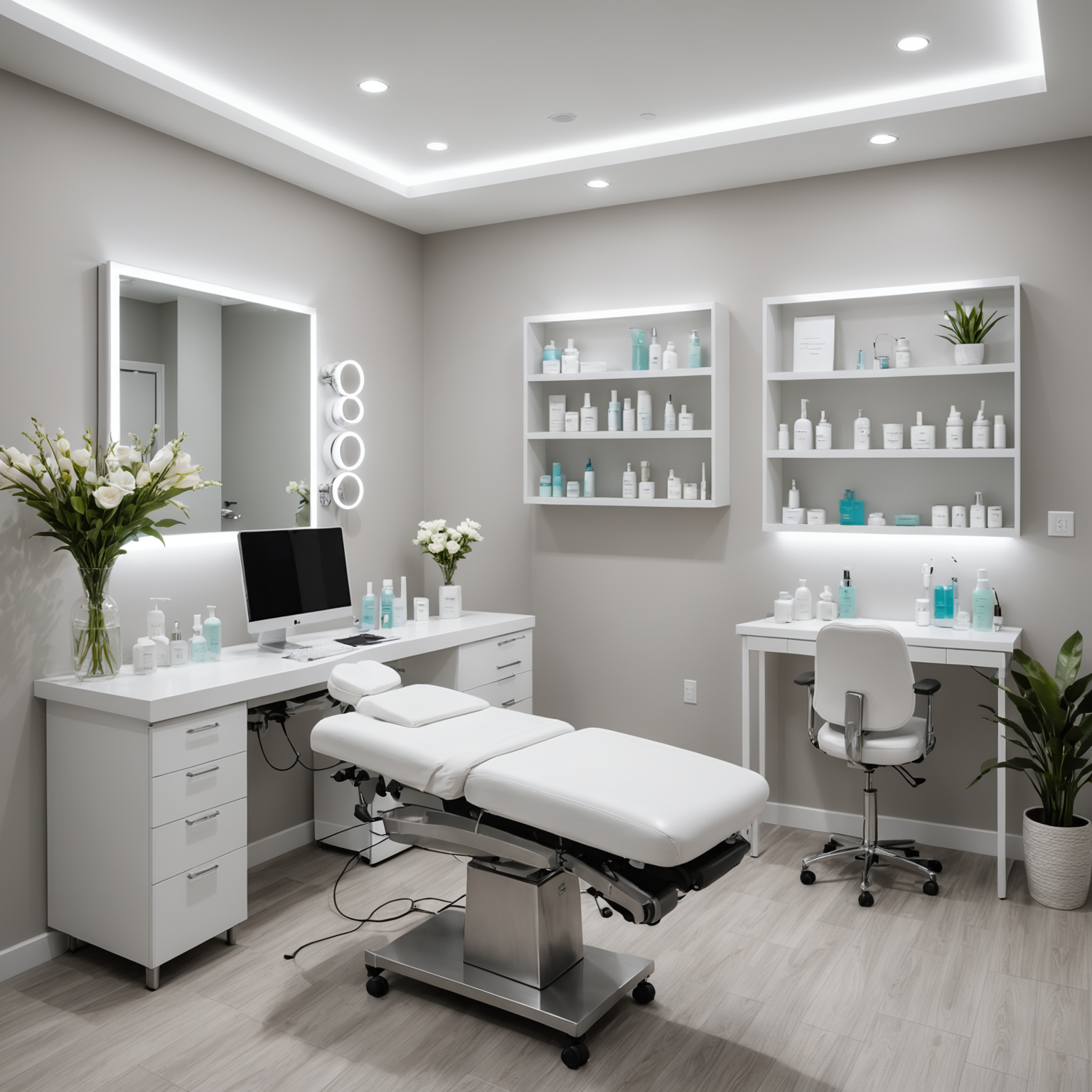 A serene skincare treatment room with an esthetician preparing tools