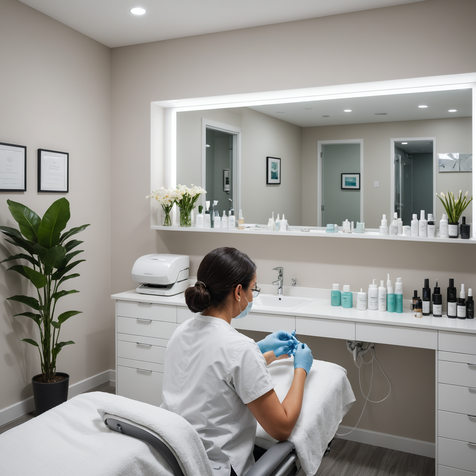 A serene cosmetic clinic with a treatment room showing an esthetician's hands gently holding a sterile scalpel, surrounded by skincare textures and sterilized tools.