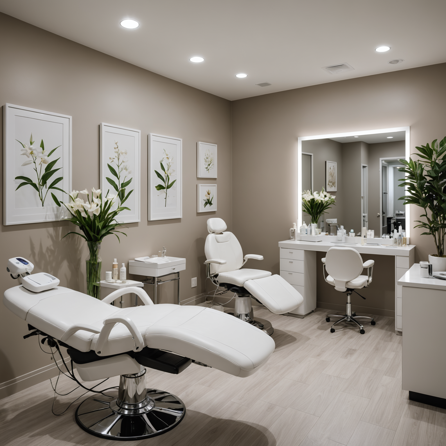 A tranquil cosmetic clinic treatment room with an esthetician preparing tools for a dermaplaning session