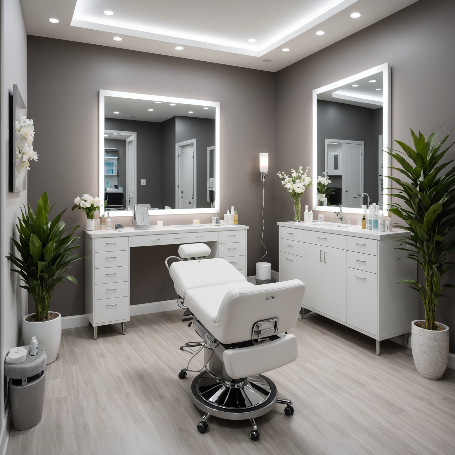 An elegant, serene cosmetic clinic treatment room featuring esthetician hands preparing tools for a sonic dermaplaning session